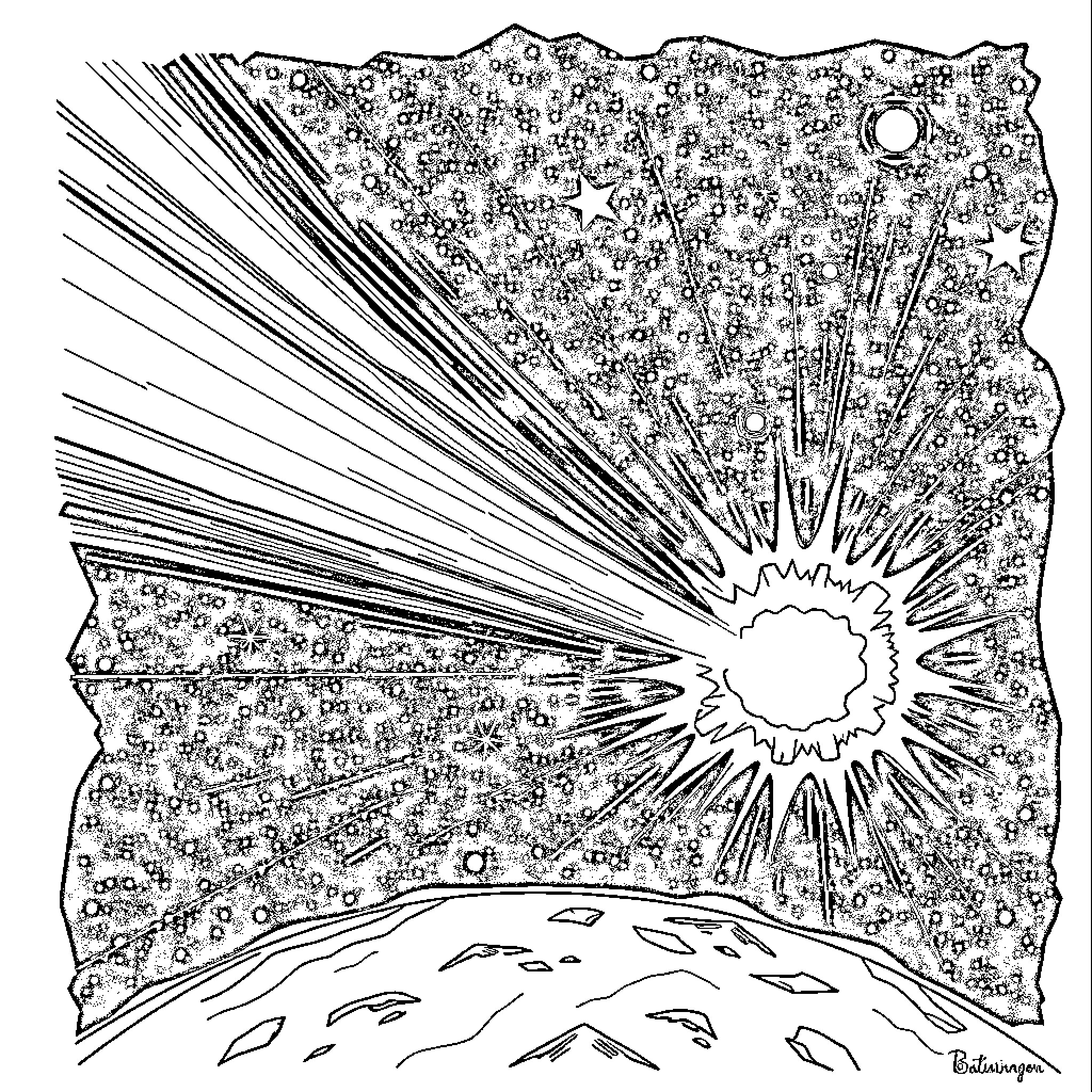 Meteor shower dazzling the night sky Coloring Page (free black-and-white line drawing printable PDF for all, from beginners to advanced learners, including children, teens, adults, and seniors)