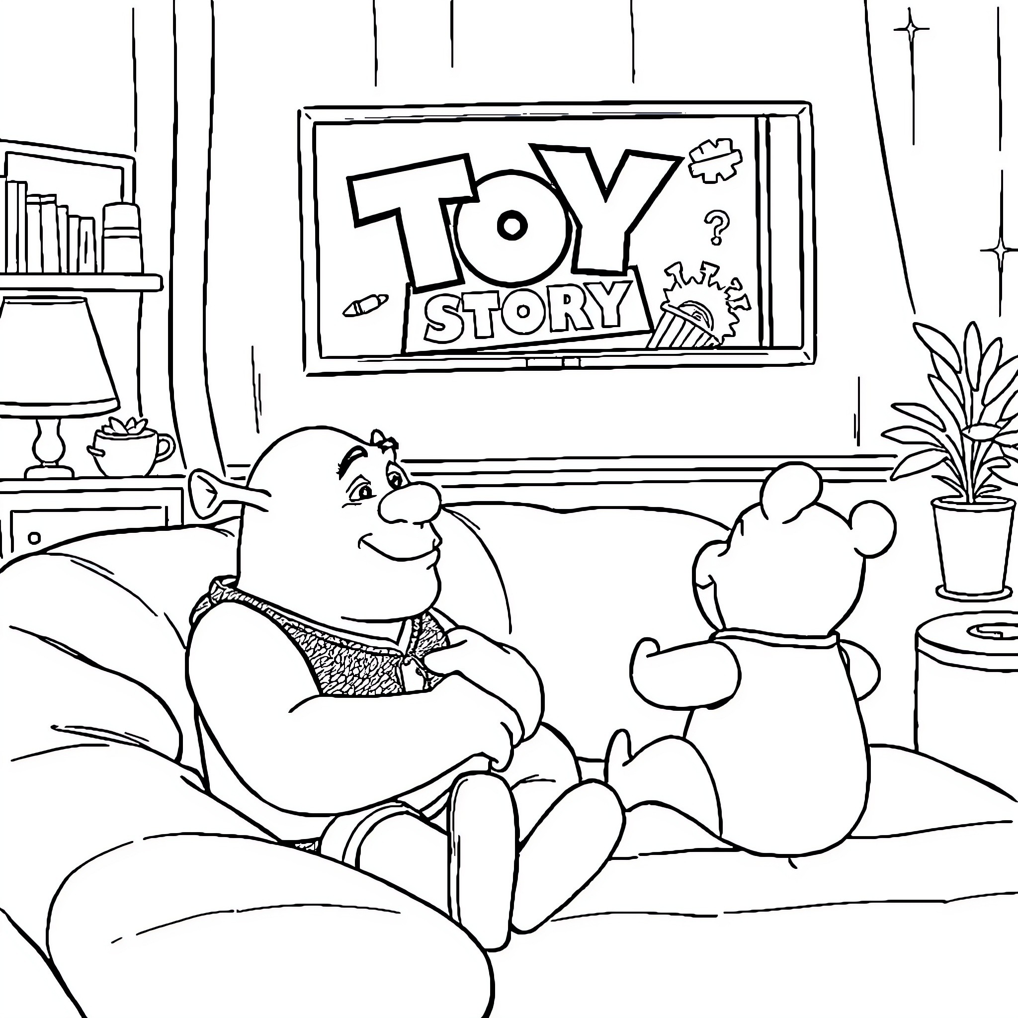 Shrek watching Toy Story with his friend Coloring Page (free black-and-white line drawing printable PDF for all, from beginners to advanced learners, including children, teens, adults, and seniors)