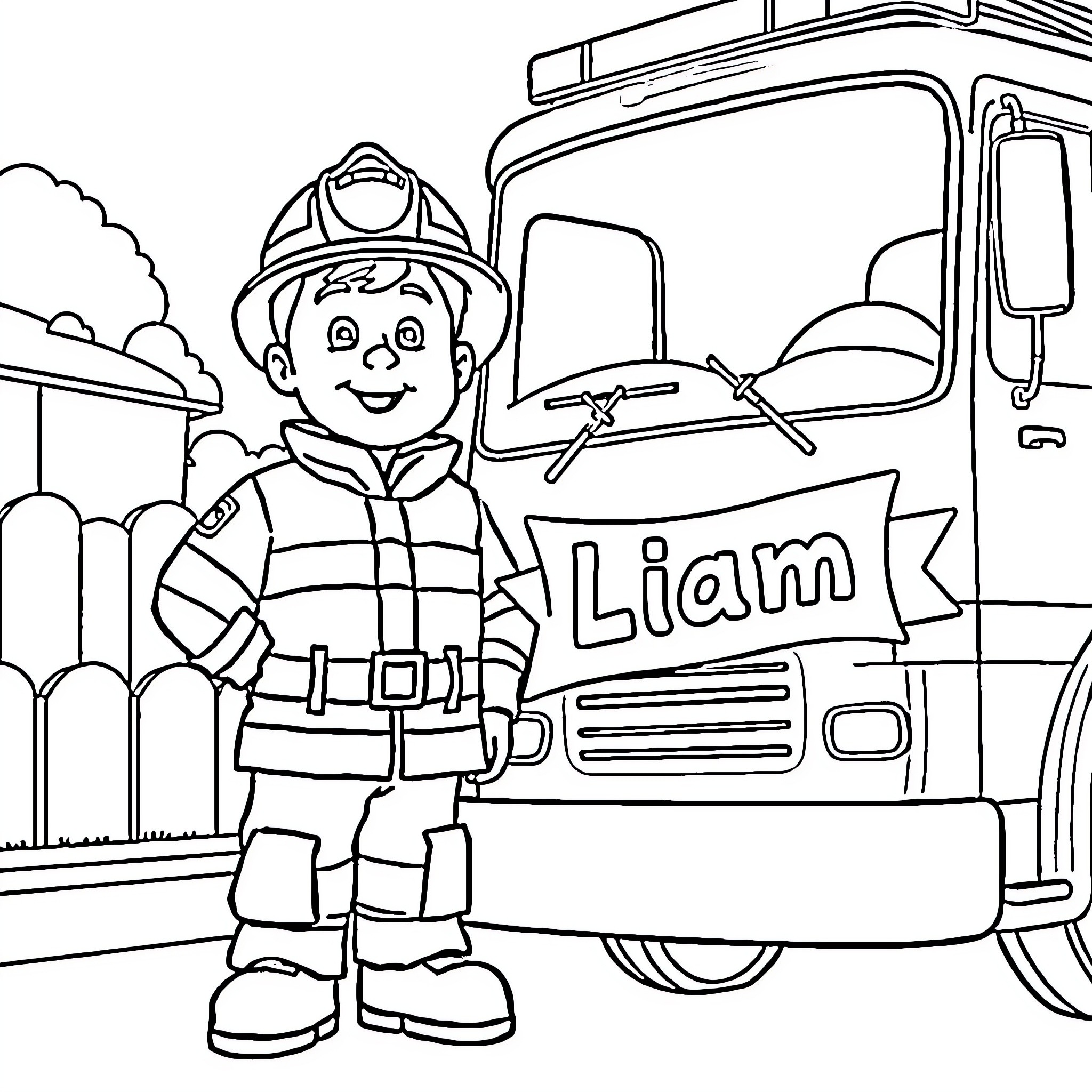 Fireman Liam and the Fire Truck Coloring Page (free black-and-white line drawing printable PDF for all, from beginners to advanced learners, including children, teens, adults, and seniors)