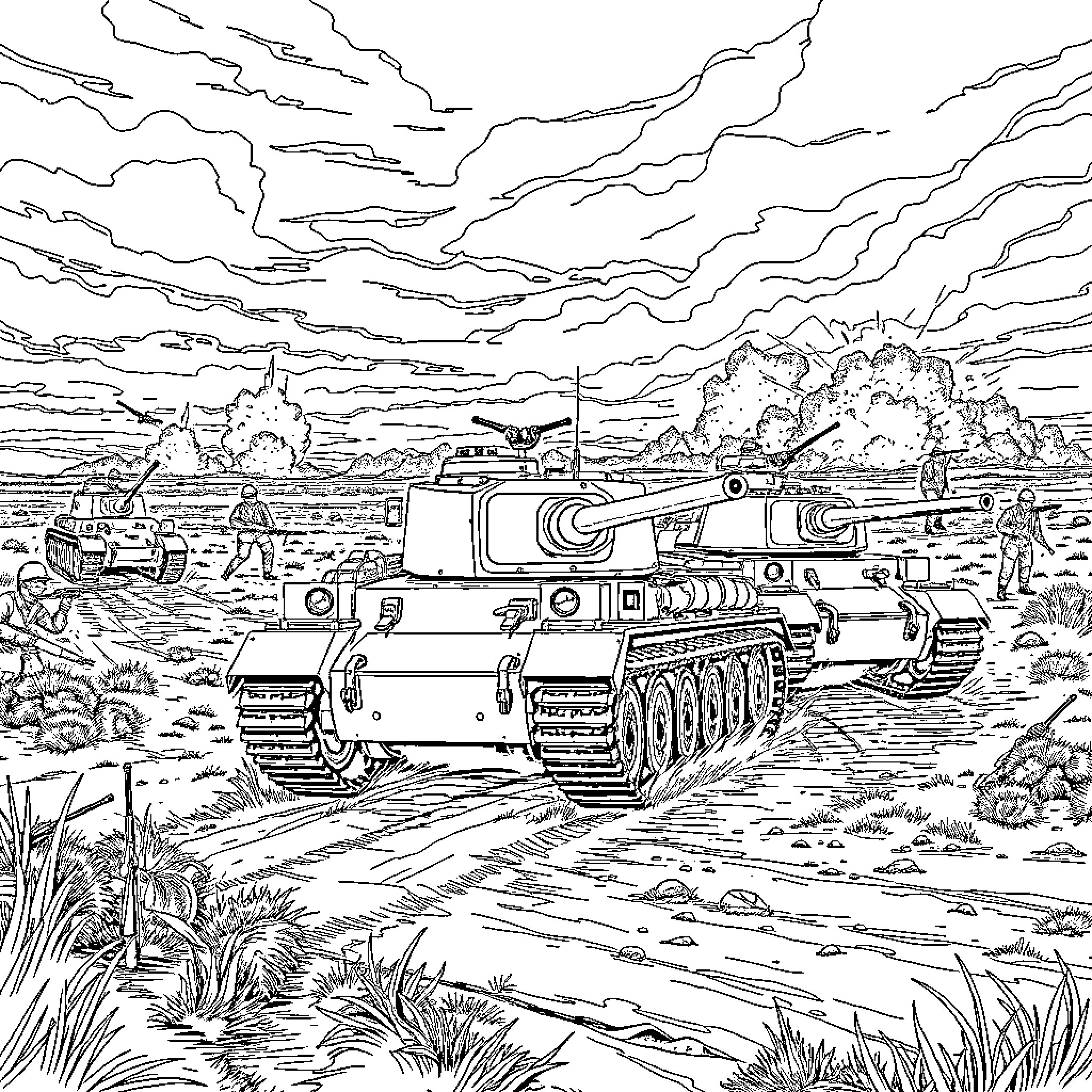 Tank battle scene in dramatic landscape Coloring Page (free black-and-white line drawing printable PDF for all, from beginners to advanced learners, including children, teens, adults, and seniors)
