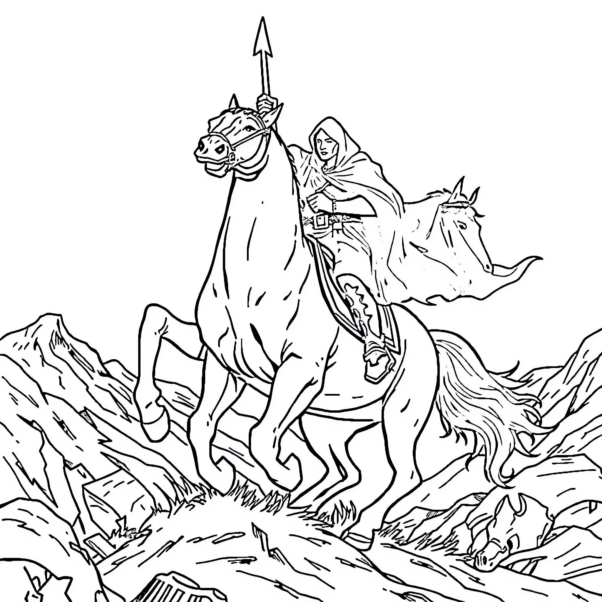 Horseman on a noble steed traversing rugged terrain Coloring Page (free black-and-white line drawing printable PDF for all, from beginners to advanced learners, including children, teens, adults, and seniors)