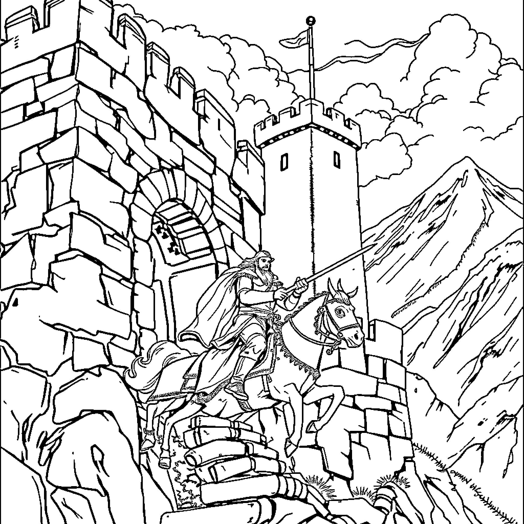 Mangudai Warrior Riding Horseback Through Mountainous Fortress Coloring Page (free black-and-white line drawing printable PDF for all, from beginners to advanced learners, including children, teens, adults, and seniors)