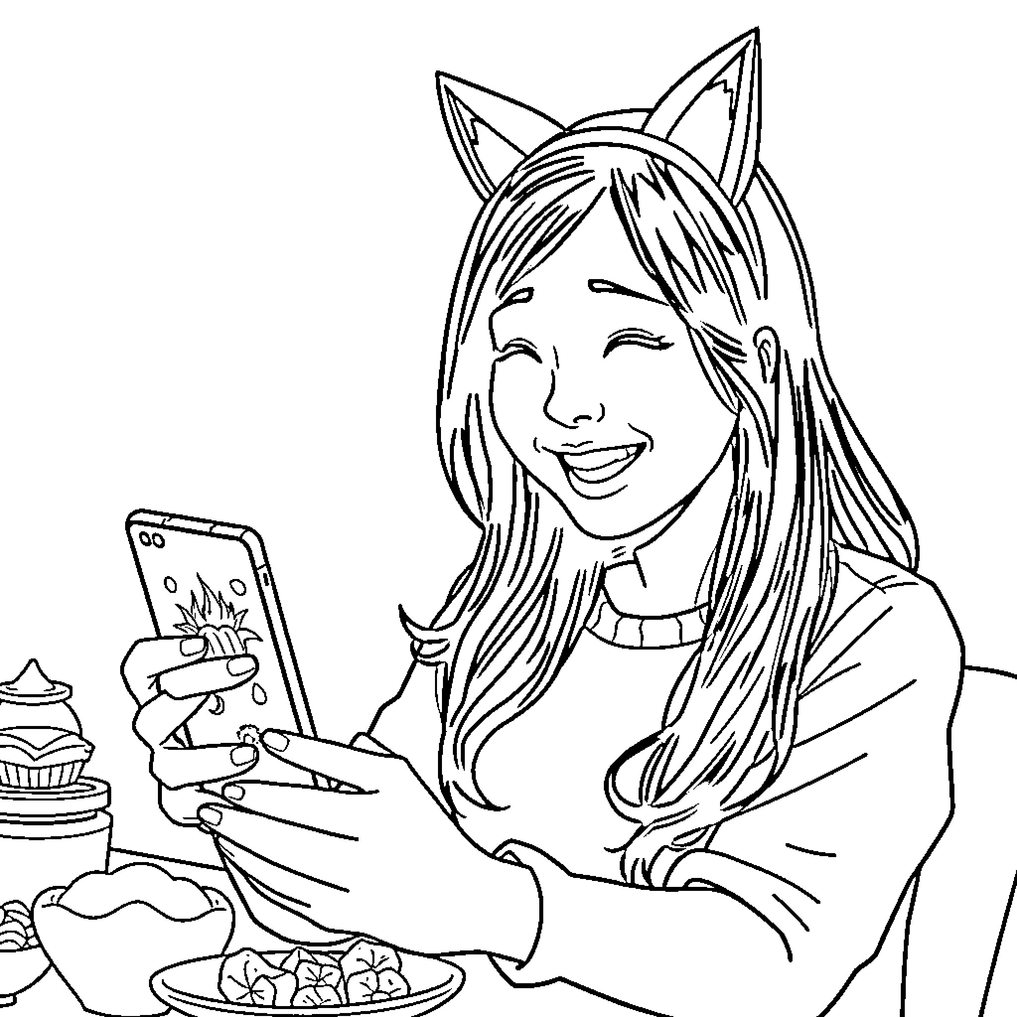 Mama Enjoying Cupcakes and Selfie Coloring Page (free black-and-white line drawing printable PDF for all, from beginners to advanced learners, including children, teens, adults, and seniors)