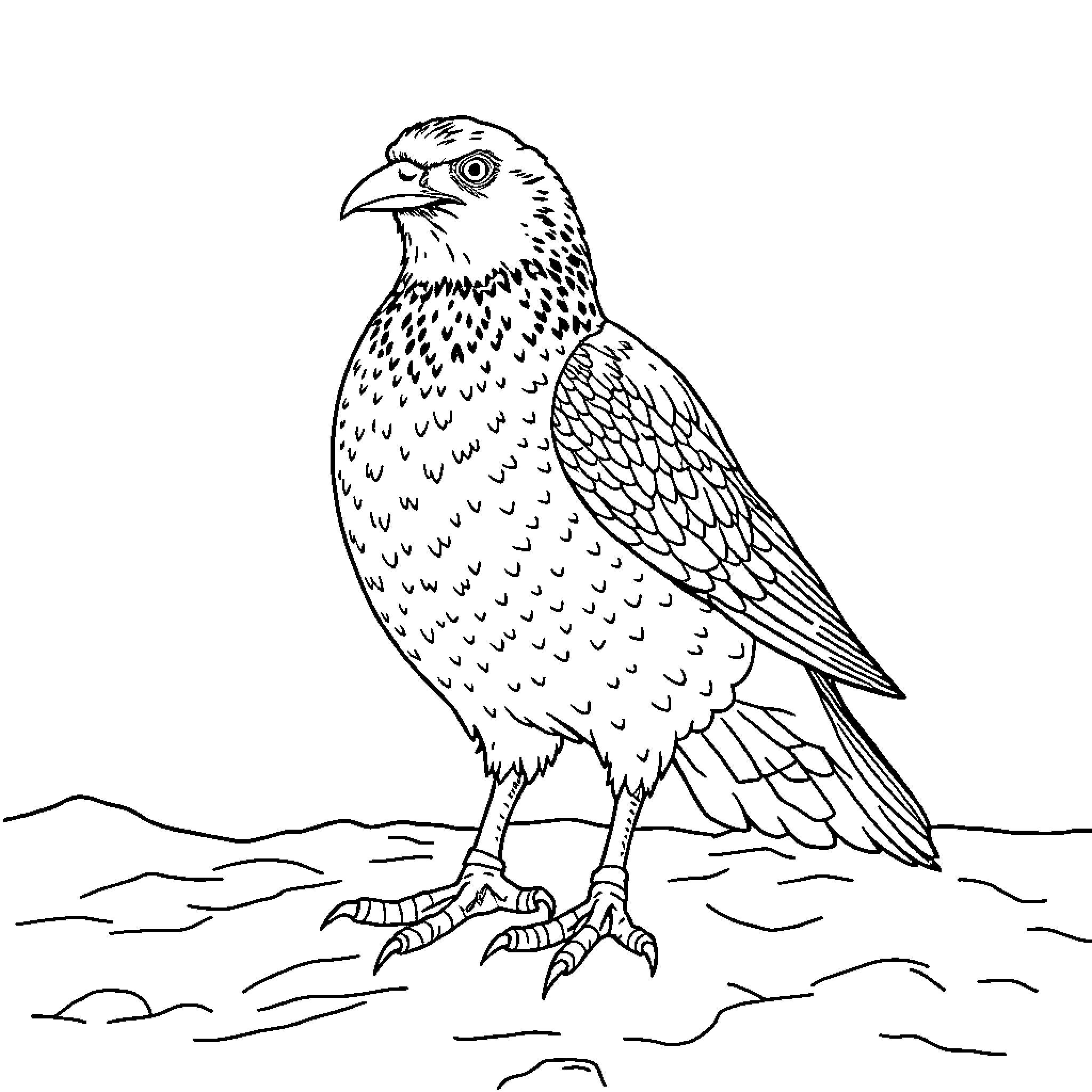Ptarmigan standing alert in natural habitat Coloring Page (free black-and-white line drawing printable PDF for all, from beginners to advanced learners, including children, teens, adults, and seniors)