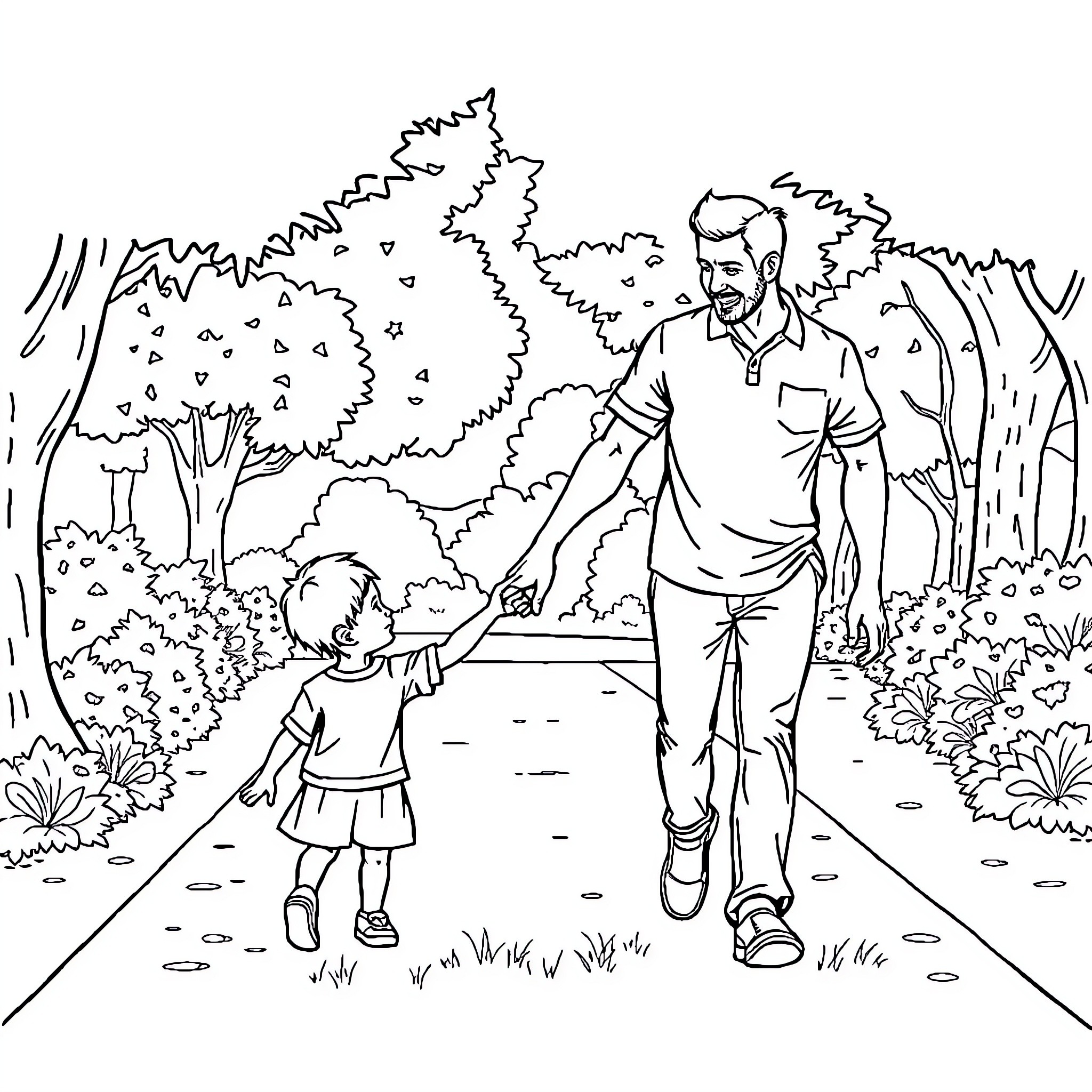 Child walking with parent on a path Coloring Page (free black-and-white line drawing printable PDF for all, from beginners to advanced learners, including children, teens, adults, and seniors)