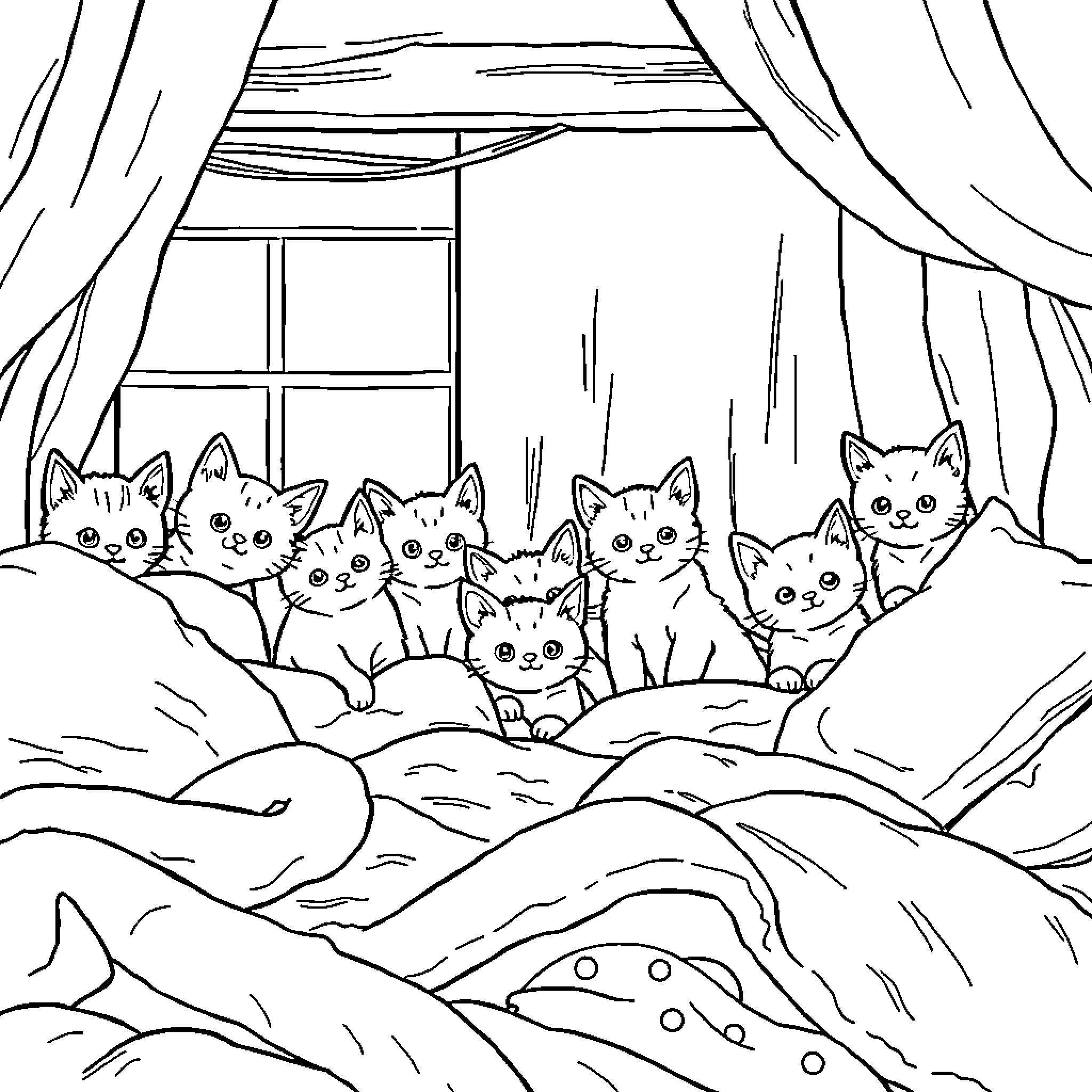 Cat Kittens Gathered on Bed by Window Coloring Page (free black-and-white line drawing printable PDF for all, from beginners to advanced learners, including children, teens, adults, and seniors)