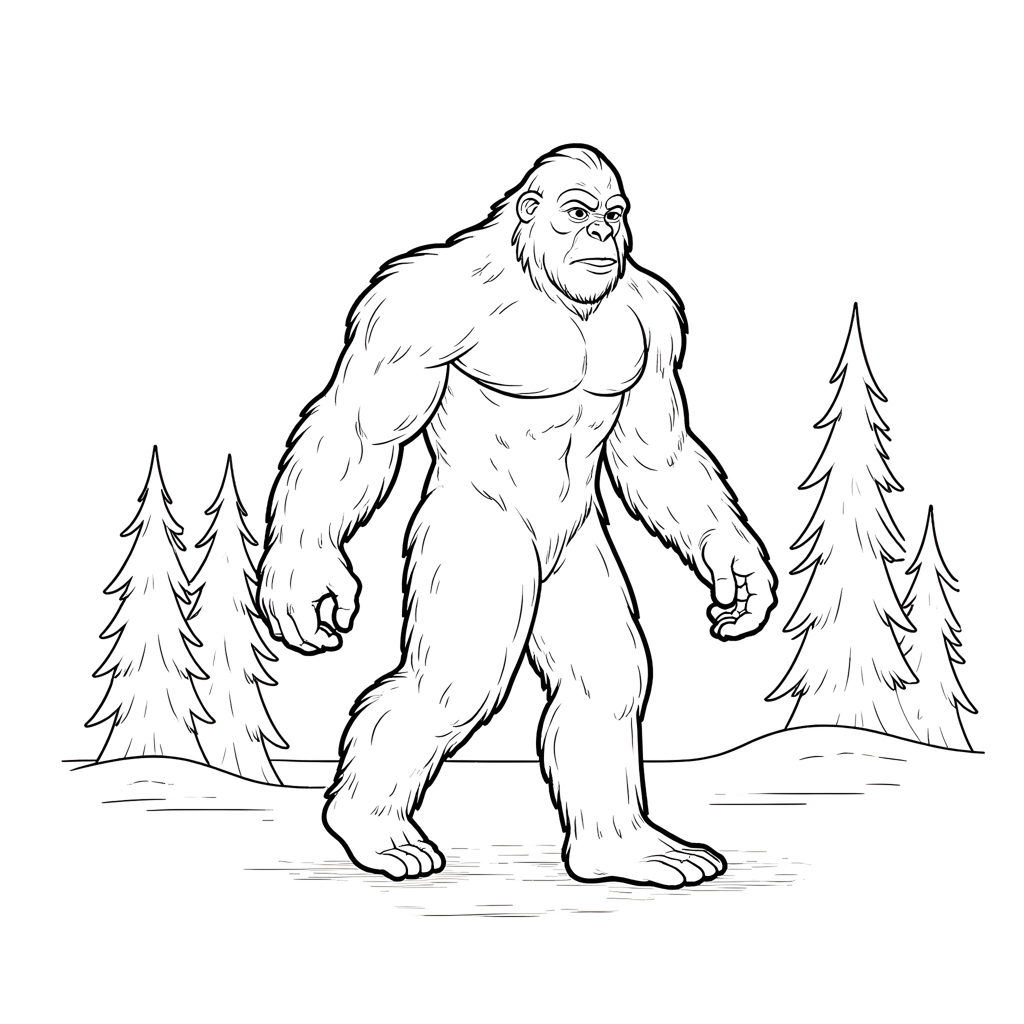 Bigfoot standing tall in the forest Coloring Page (free black-and-white line drawing printable PDF for all, from beginners to advanced learners, including children, teens, adults, and seniors)