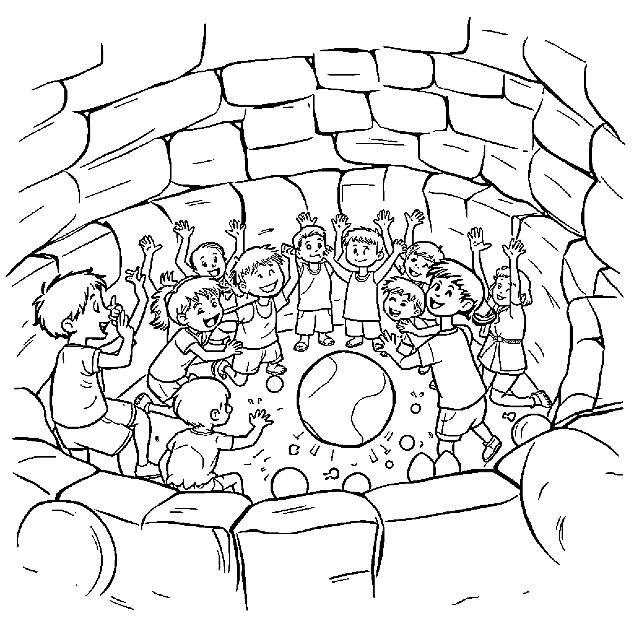 Gaga Ball group activity among children Coloring Page (free black-and-white line drawing printable PDF for all, from beginners to advanced learners, including children, teens, adults, and seniors)