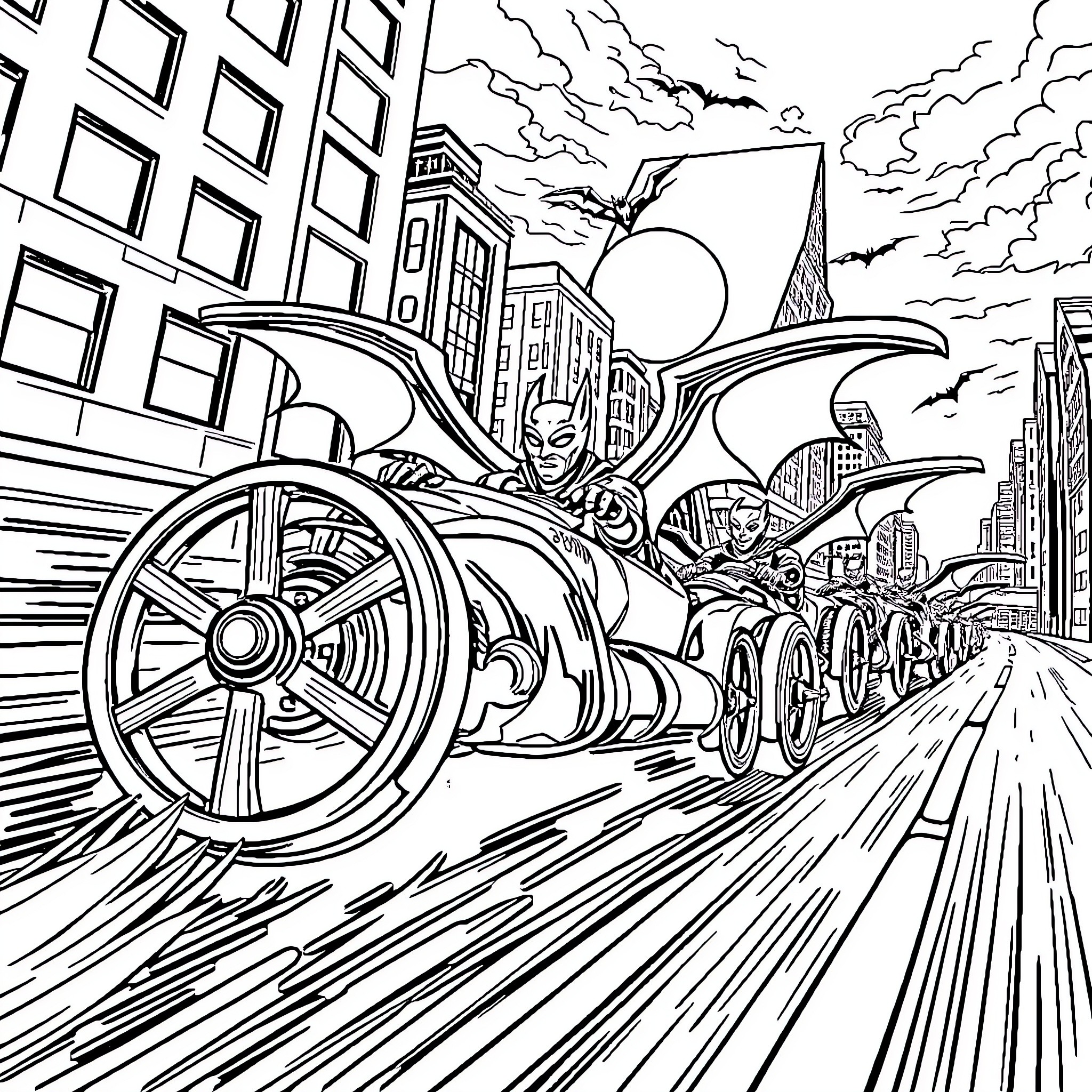 Batwheels racing through the city skyline Coloring Page (free black-and-white line drawing printable PDF for all, from beginners to advanced learners, including children, teens, adults, and seniors)