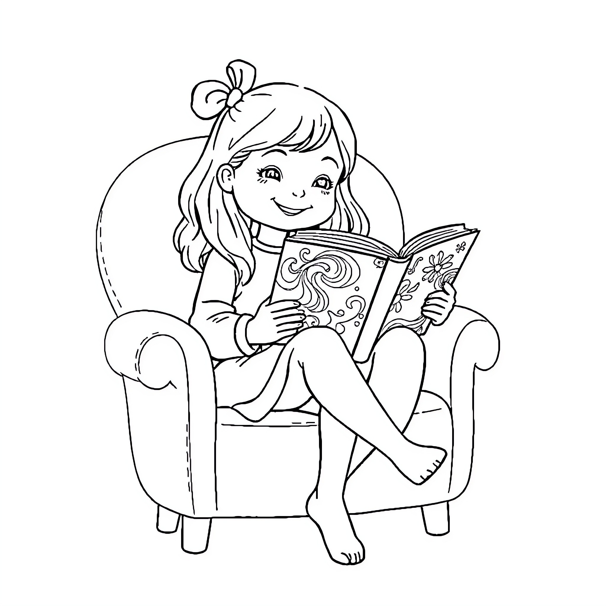 Girl reading a storybook in a chair Coloring Page (free black-and-white line drawing printable PDF for all, from beginners to advanced learners, including children, teens, adults, and seniors)