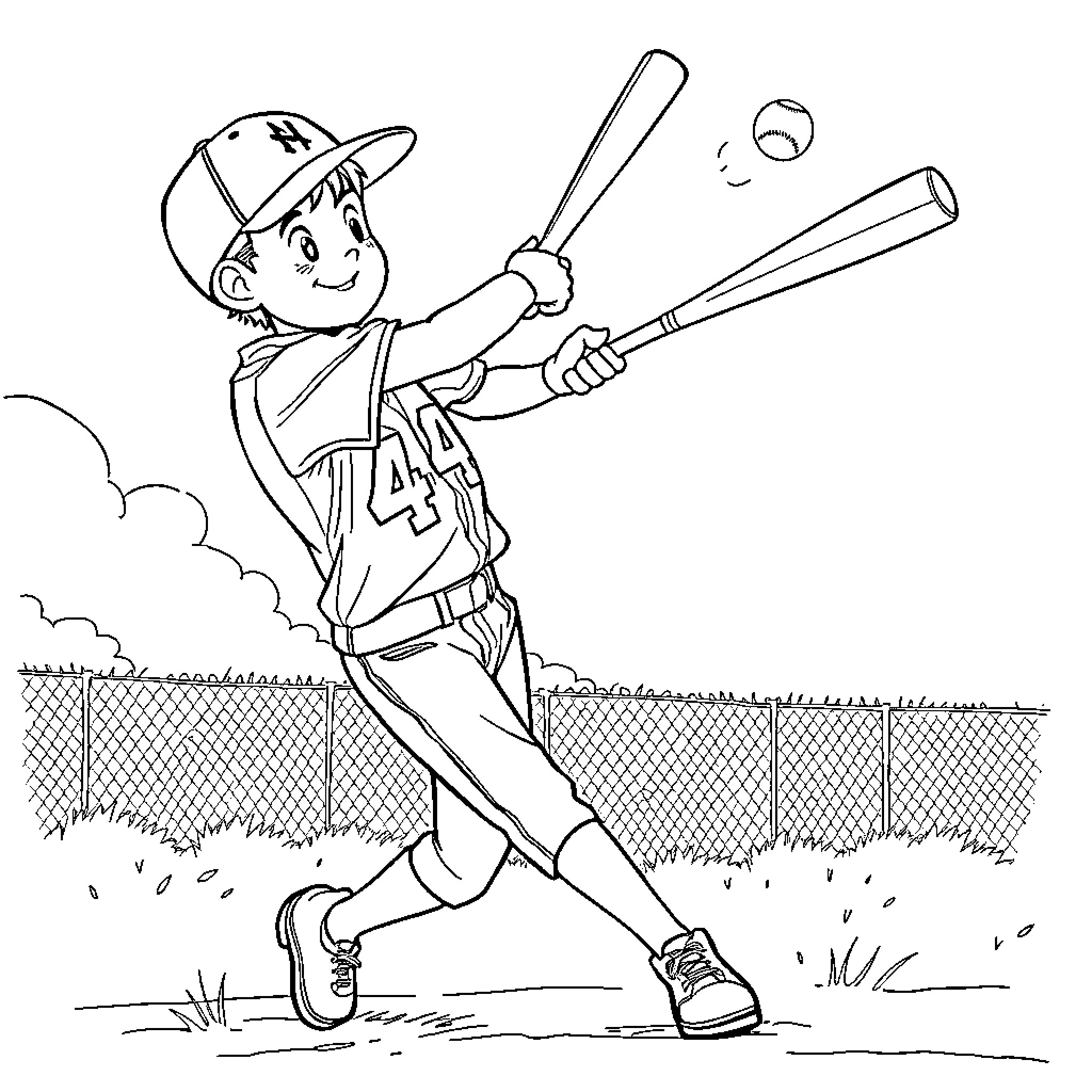 Baseball Player Batting on Field Coloring Page (free black-and-white line drawing printable PDF for all, from beginners to advanced learners, including children, teens, adults, and seniors)