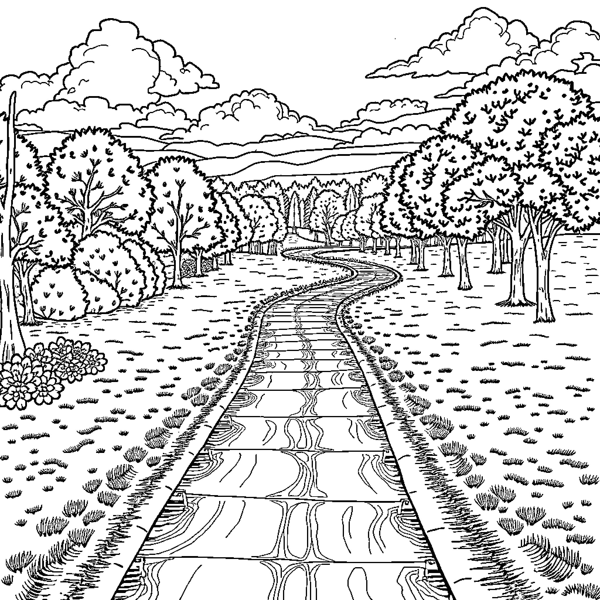 Track through Wooded Landscape with Clouds Coloring Page (free black-and-white line drawing printable PDF for all, from beginners to advanced learners, including children, teens, adults, and seniors)