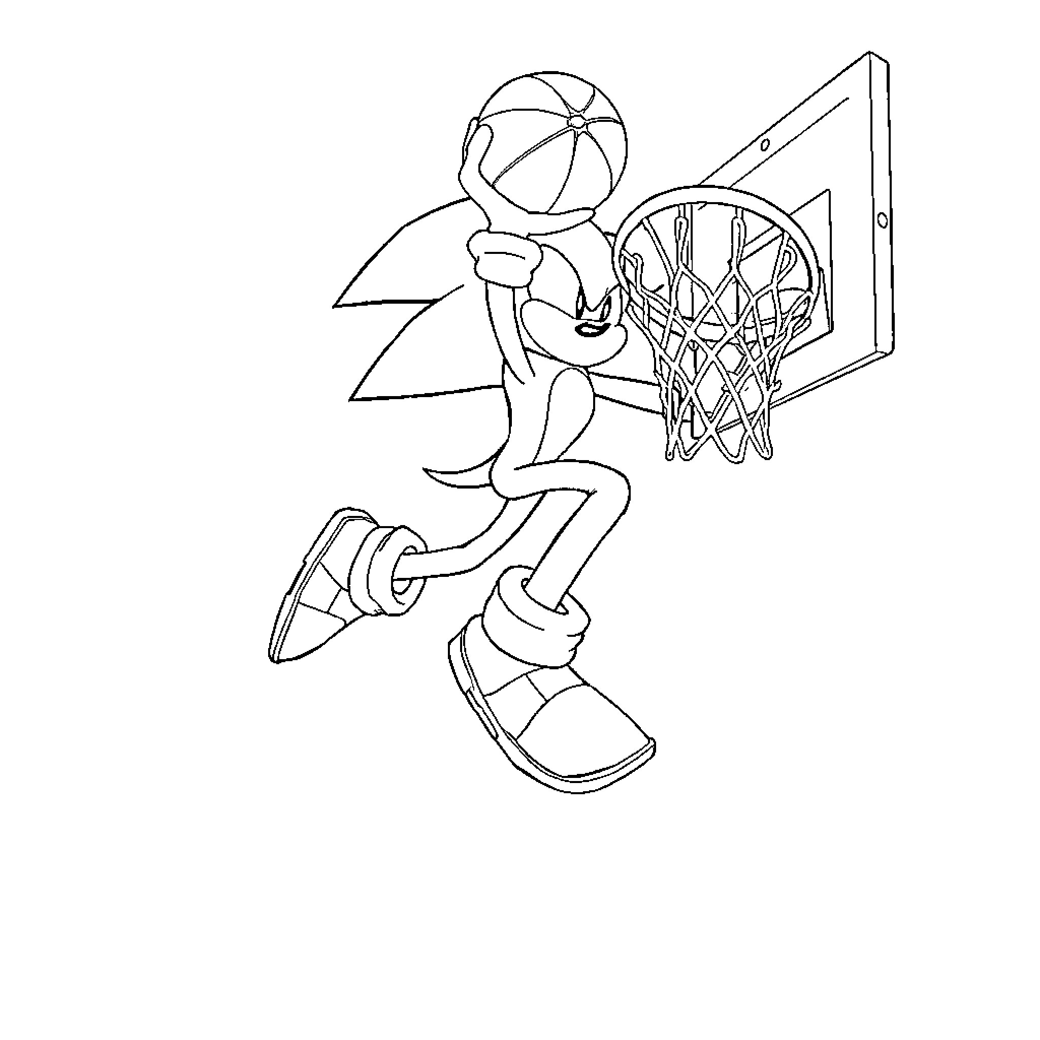 Metal Sonic Slamming the Basketball Hoop Coloring Page (free black-and-white line drawing printable PDF for all, from beginners to advanced learners, including children, teens, adults, and seniors)