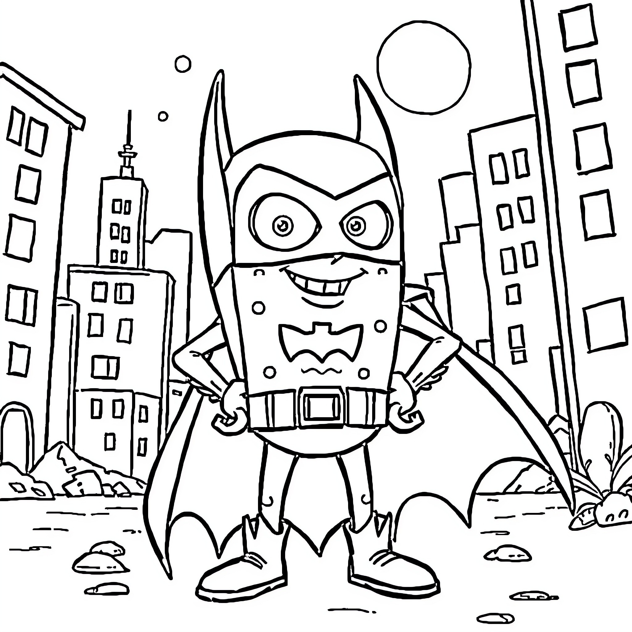 Spongebob superhero in the city Coloring Page (free black-and-white line drawing printable PDF for all, from beginners to advanced learners, including children, teens, adults, and seniors)