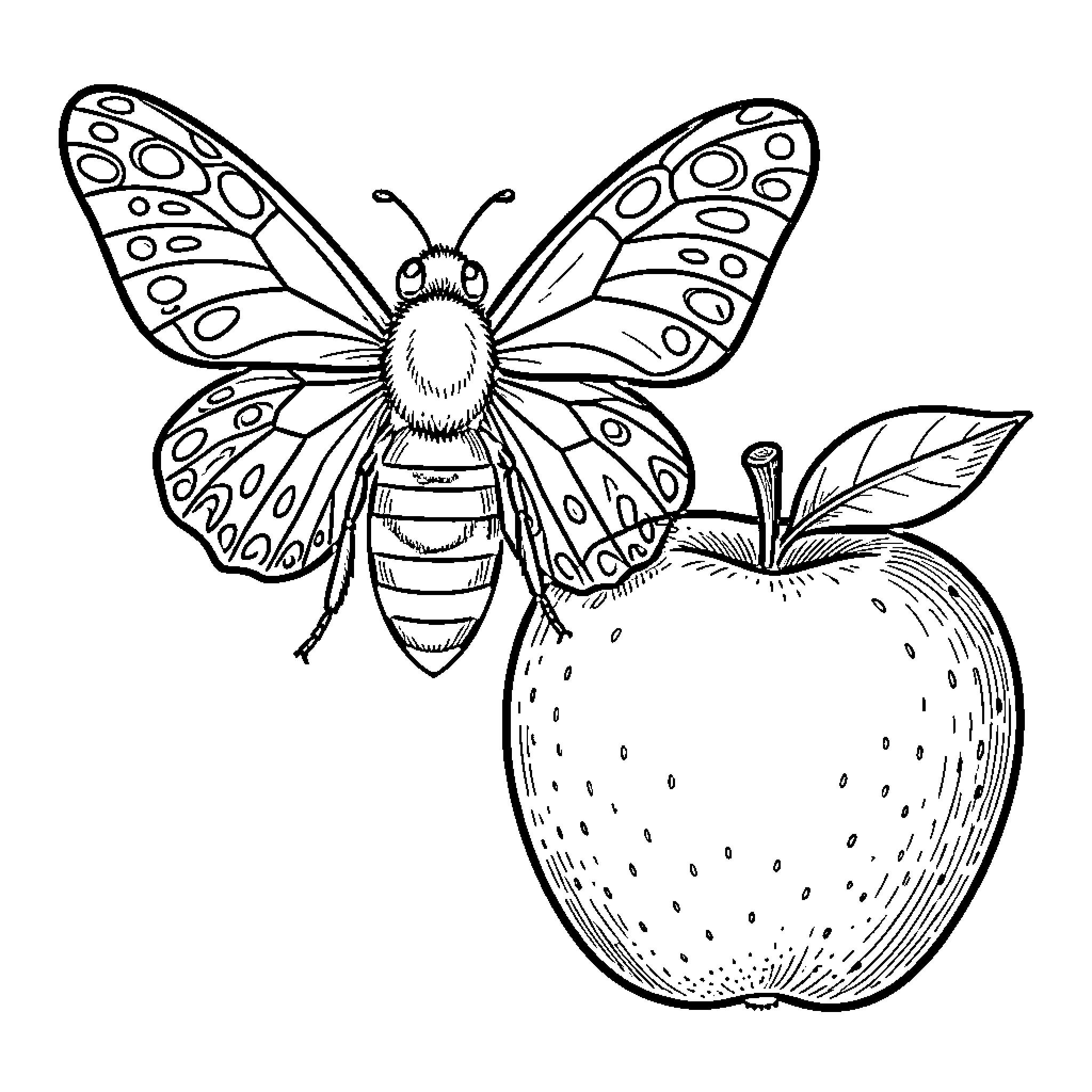 Bee landing on a fresh apple Coloring Page (free black-and-white line drawing printable PDF for all, from beginners to advanced learners, including children, teens, adults, and seniors)