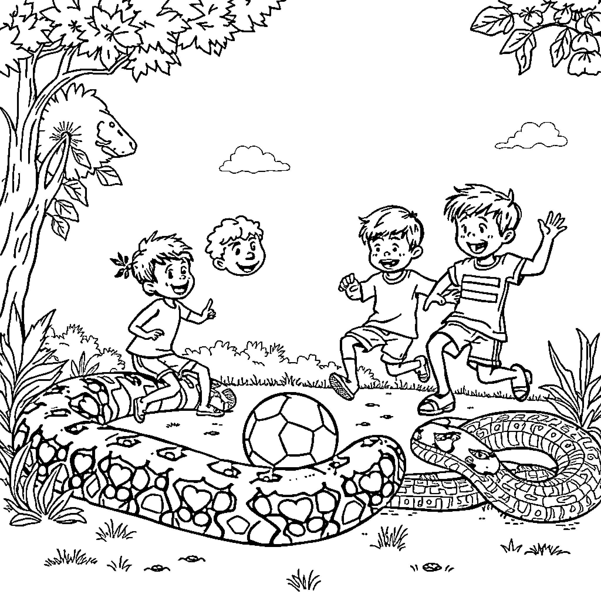 Children playing together outdoors in nature Coloring Page (free black-and-white line drawing printable PDF for all, from beginners to advanced learners, including children, teens, adults, and seniors)