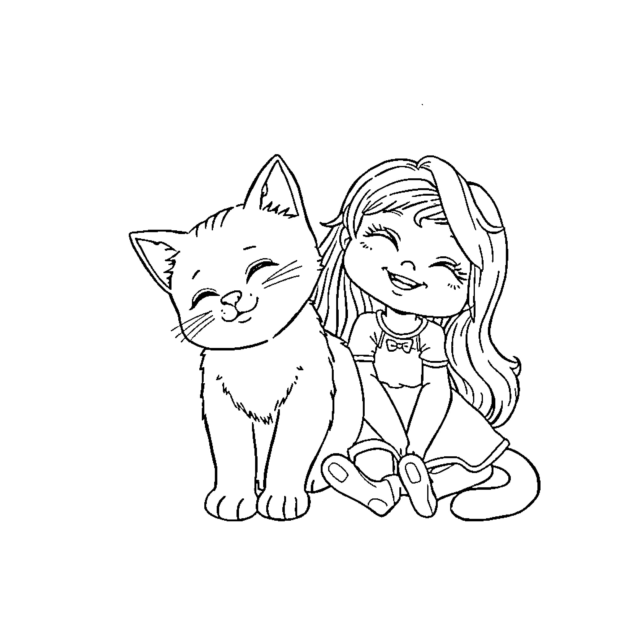 Cat and girl playing together happily Coloring Page (free black-and-white line drawing printable PDF for all, from beginners to advanced learners, including children, teens, adults, and seniors)