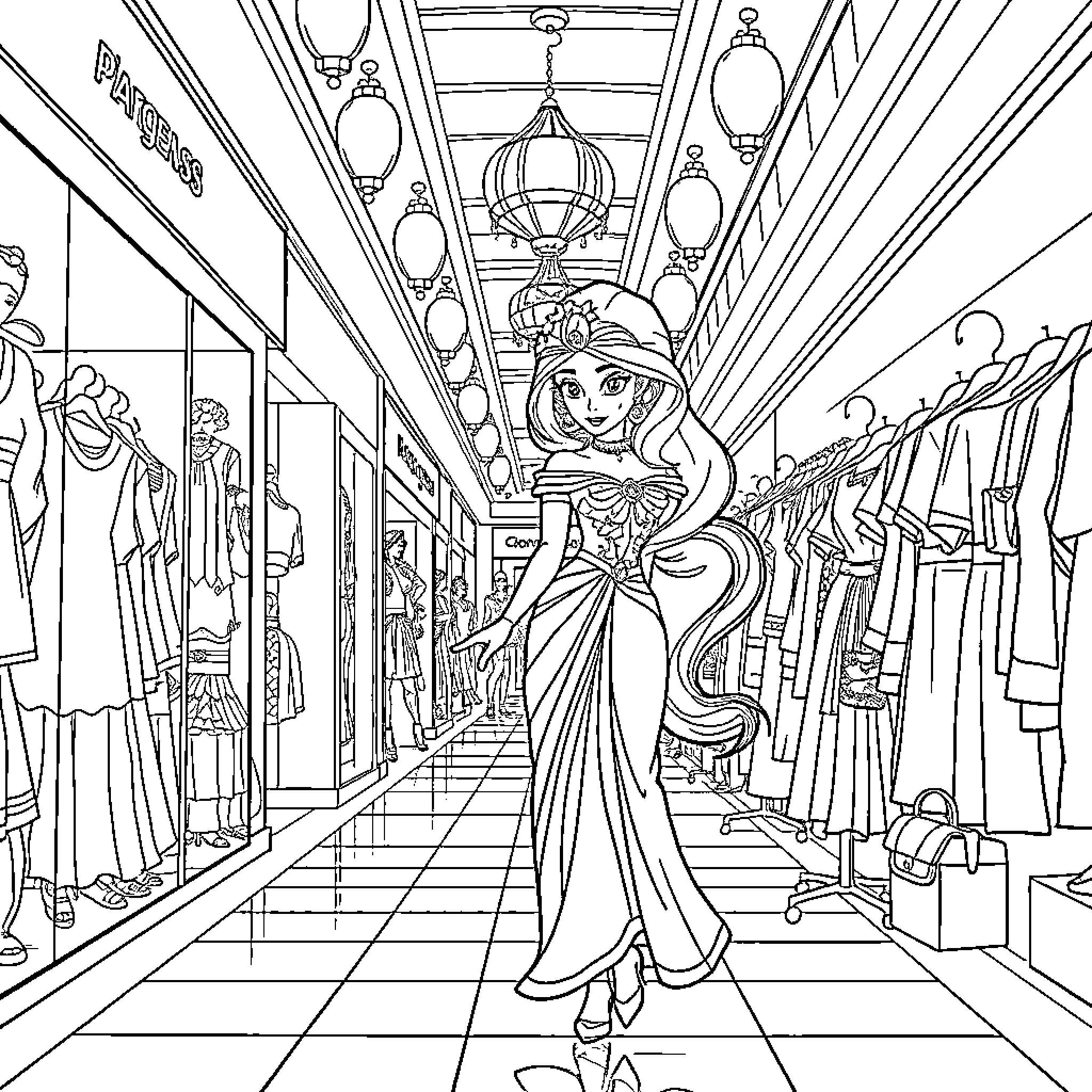 Princess exploring a whimsical fashion district Coloring Page (free black-and-white line drawing printable PDF for all, from beginners to advanced learners, including children, teens, adults, and seniors)