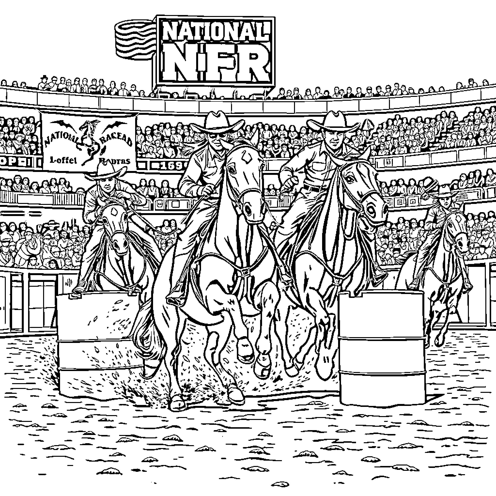 Barrel Racing at the National Finals Rodeo Coloring Page (free black-and-white line drawing printable PDF for all, from beginners to advanced learners, including children, teens, adults, and seniors)