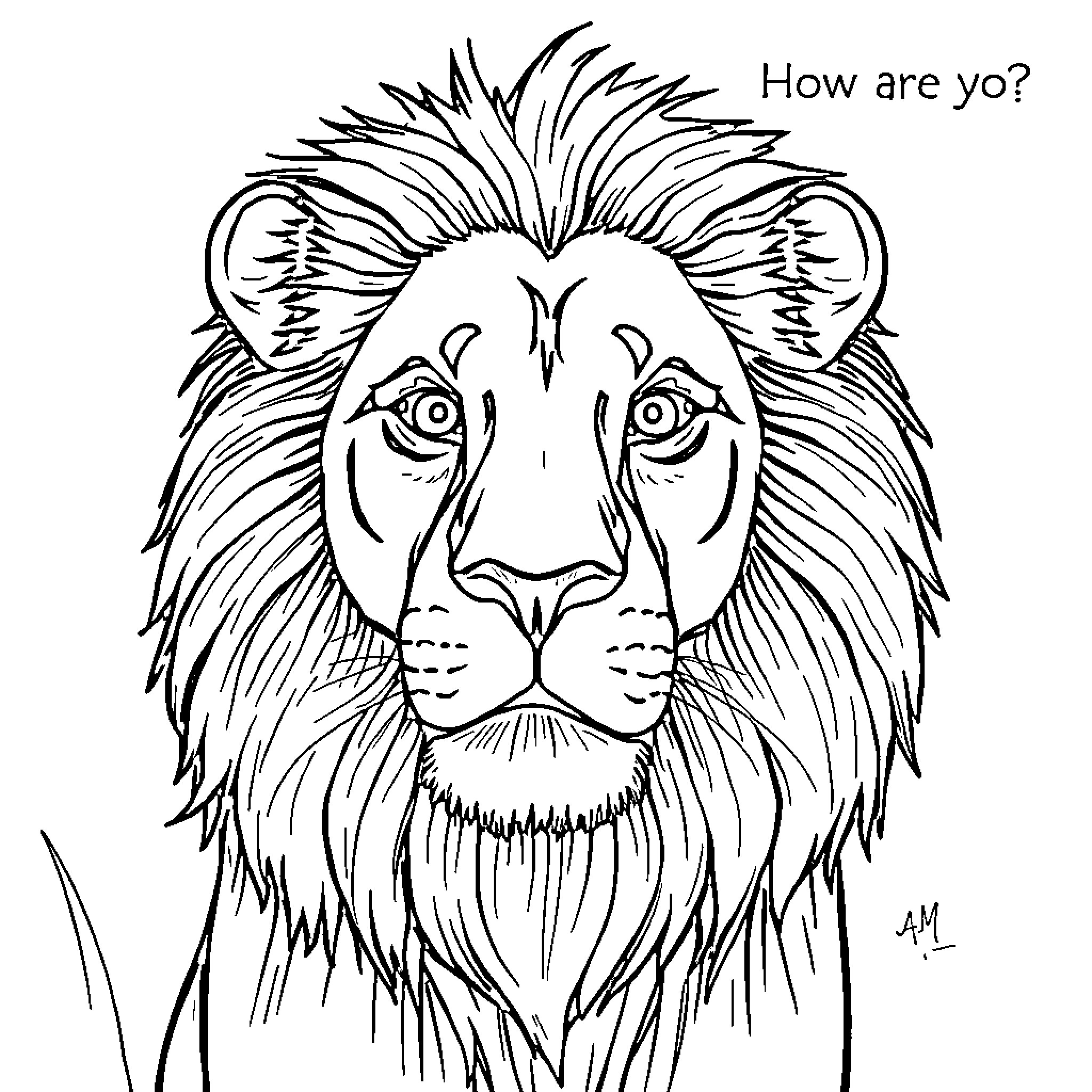 Lion asking with an inquisitive expression Coloring Page (free black-and-white line drawing printable PDF for all, from beginners to advanced learners, including children, teens, adults, and seniors)