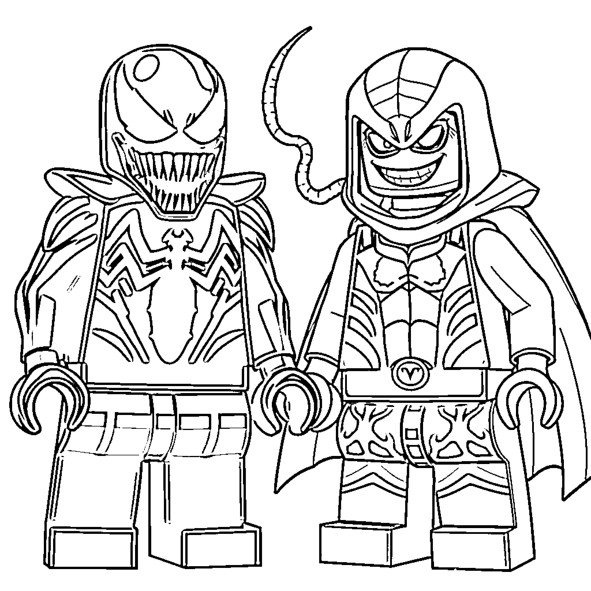 Lego Superheroes in Fierce Poses Coloring Page (free black-and-white line drawing printable PDF for all, from beginners to advanced learners, including children, teens, adults, and seniors)