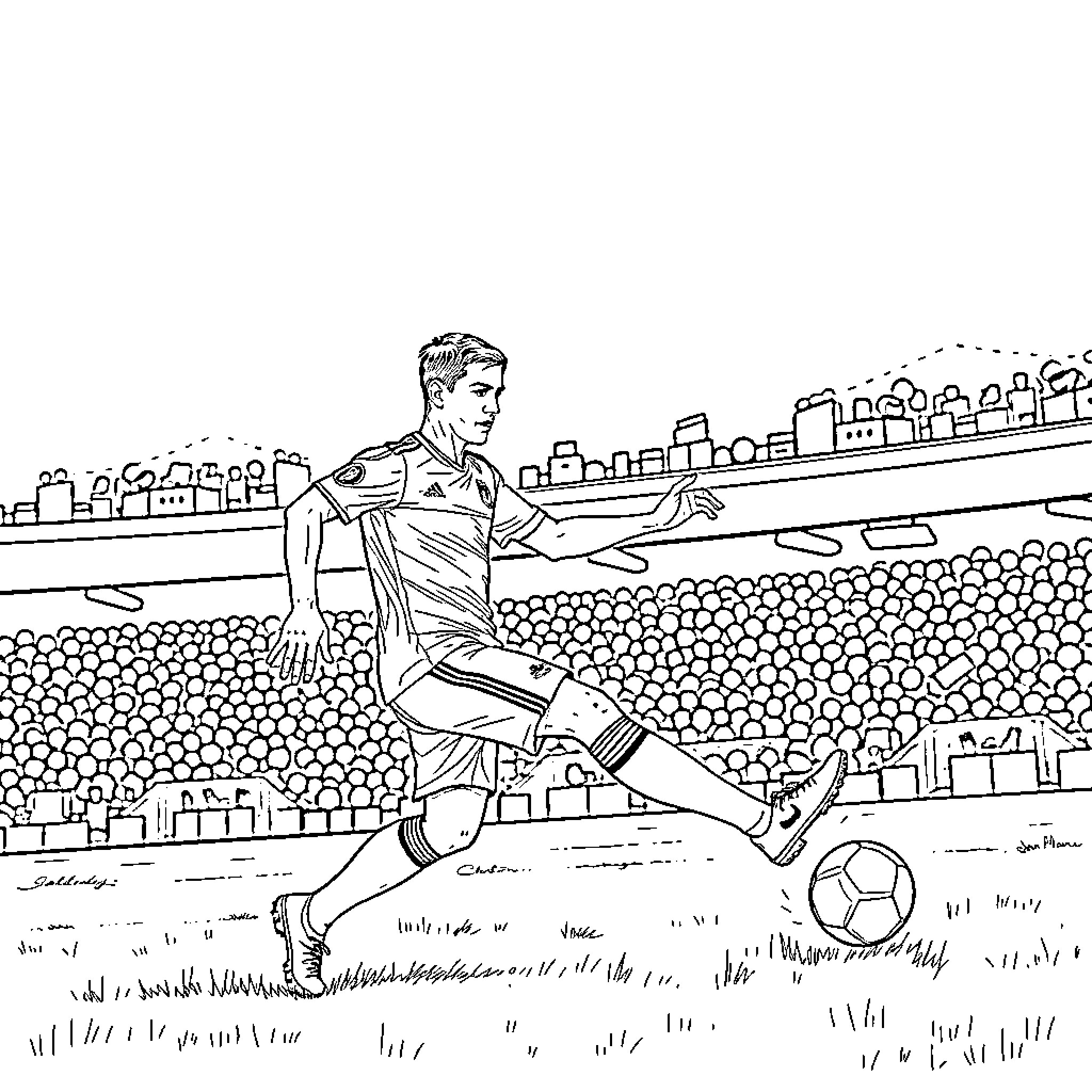 Cr7 soccer player kicking ball on field Coloring Page (free black-and-white line drawing printable PDF for all, from beginners to advanced learners, including children, teens, adults, and seniors)