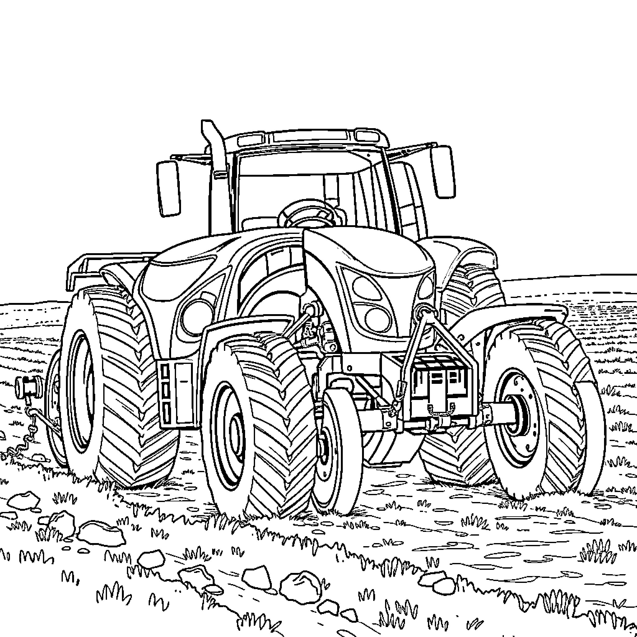 Tractor traversing rugged terrain Coloring Page (free black-and-white line drawing printable PDF for all, from beginners to advanced learners, including children, teens, adults, and seniors)