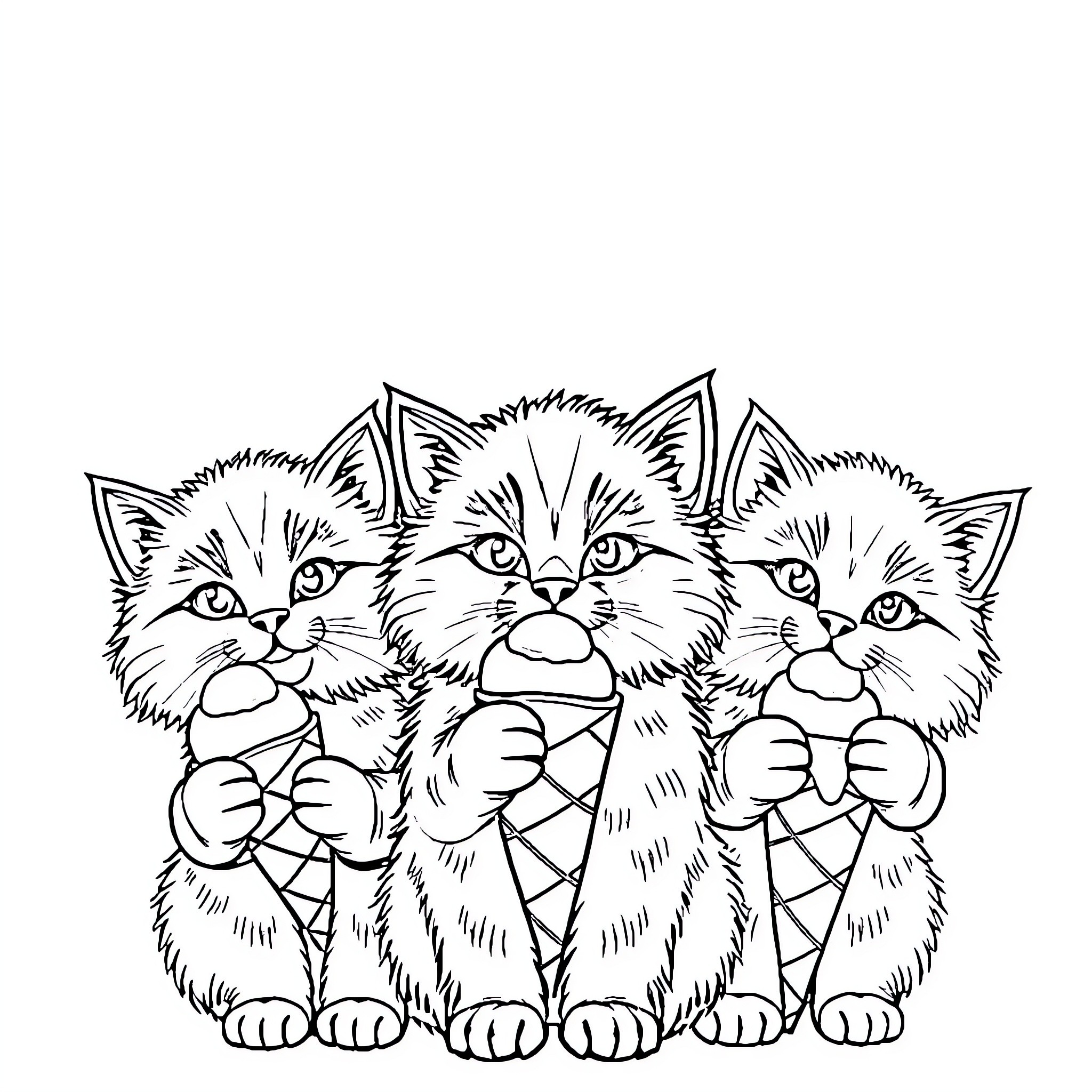 Cat trio in playful poses Coloring Page (free black-and-white line drawing printable PDF for all, from beginners to advanced learners, including children, teens, adults, and seniors)