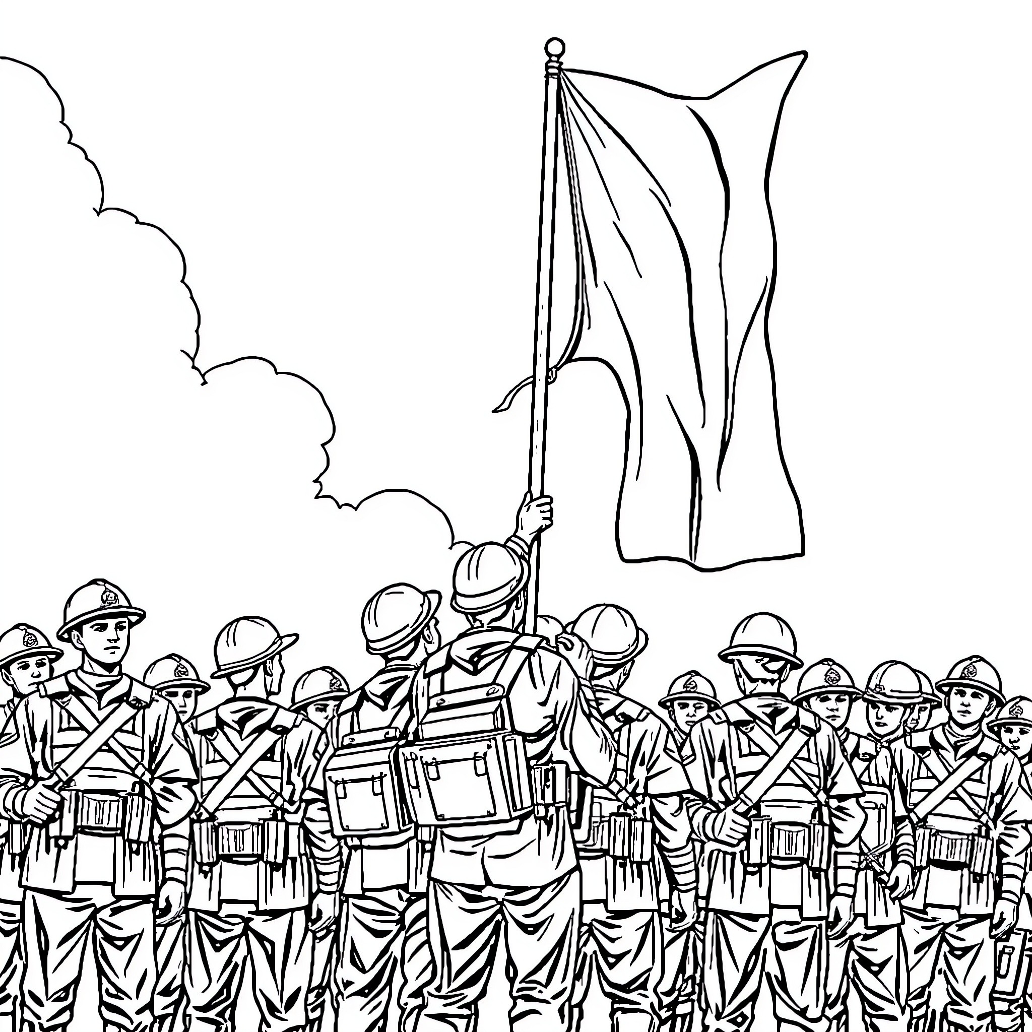 Army Soldiers Marching with Raised Flag Coloring Page (free black-and-white line drawing printable PDF for all, from beginners to advanced learners, including children, teens, adults, and seniors)
