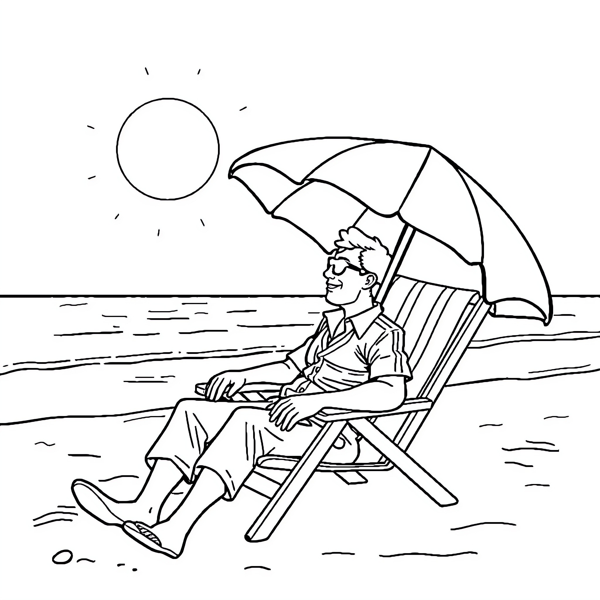 Banker relaxing on the beach under an umbrella Coloring Page (free black-and-white line drawing printable PDF for all, from beginners to advanced learners, including children, teens, adults, and seniors)
