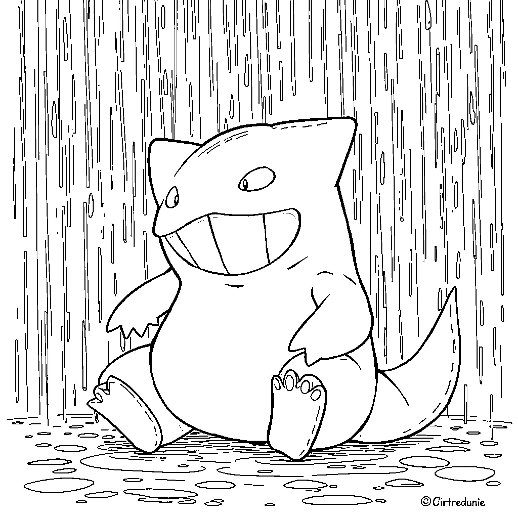 Gengar enjoying the rain Coloring Page (free black-and-white line drawing printable PDF for all, from beginners to advanced learners, including children, teens, adults, and seniors)