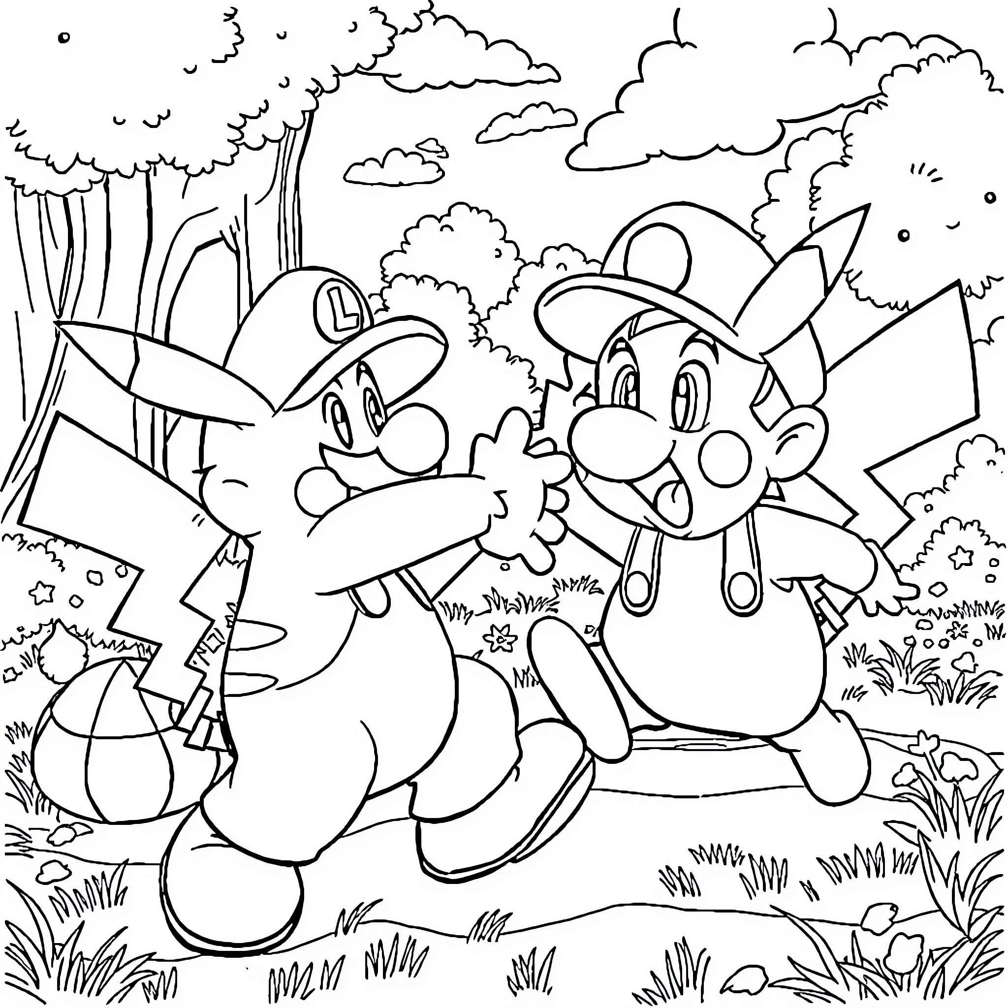 Luigi's Adventurous Exploration in the Enchanted Forest Coloring Page (free black-and-white line drawing printable PDF for all, from beginners to advanced learners, including children, teens, adults, and seniors)