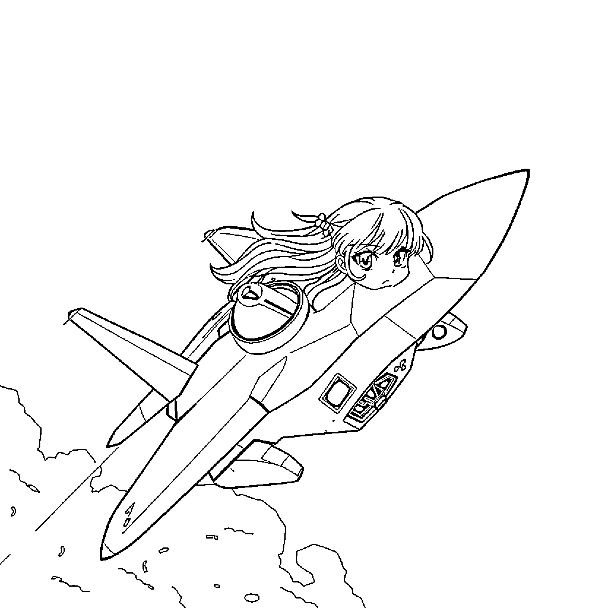 Anime Girl Flying Rocket Plane Coloring Page (free black-and-white line drawing printable PDF for all, from beginners to advanced learners, including children, teens, adults, and seniors)