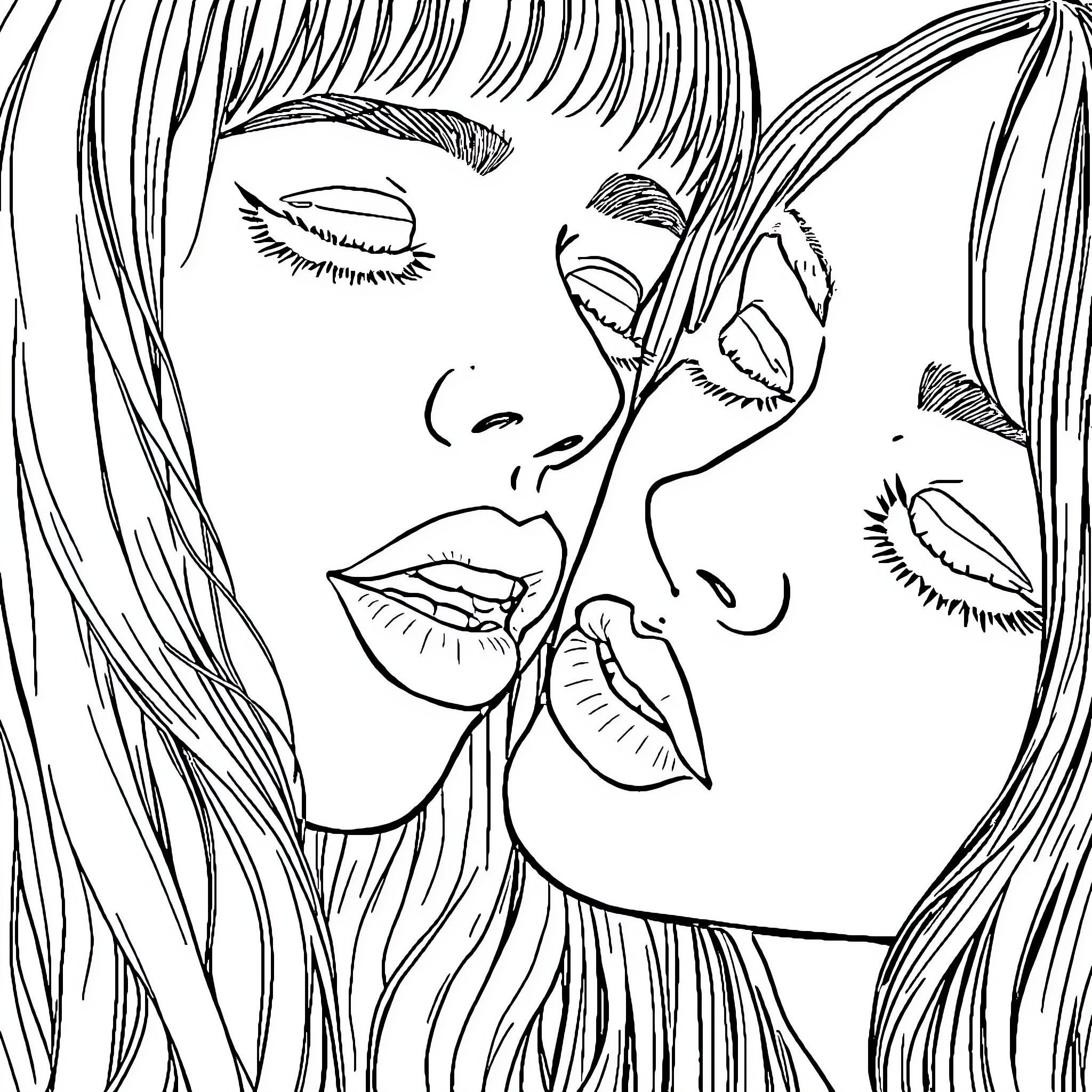 Billie Eilish in intimate embrace Coloring Page (free black-and-white line drawing printable PDF for all, from beginners to advanced learners, including children, teens, adults, and seniors)