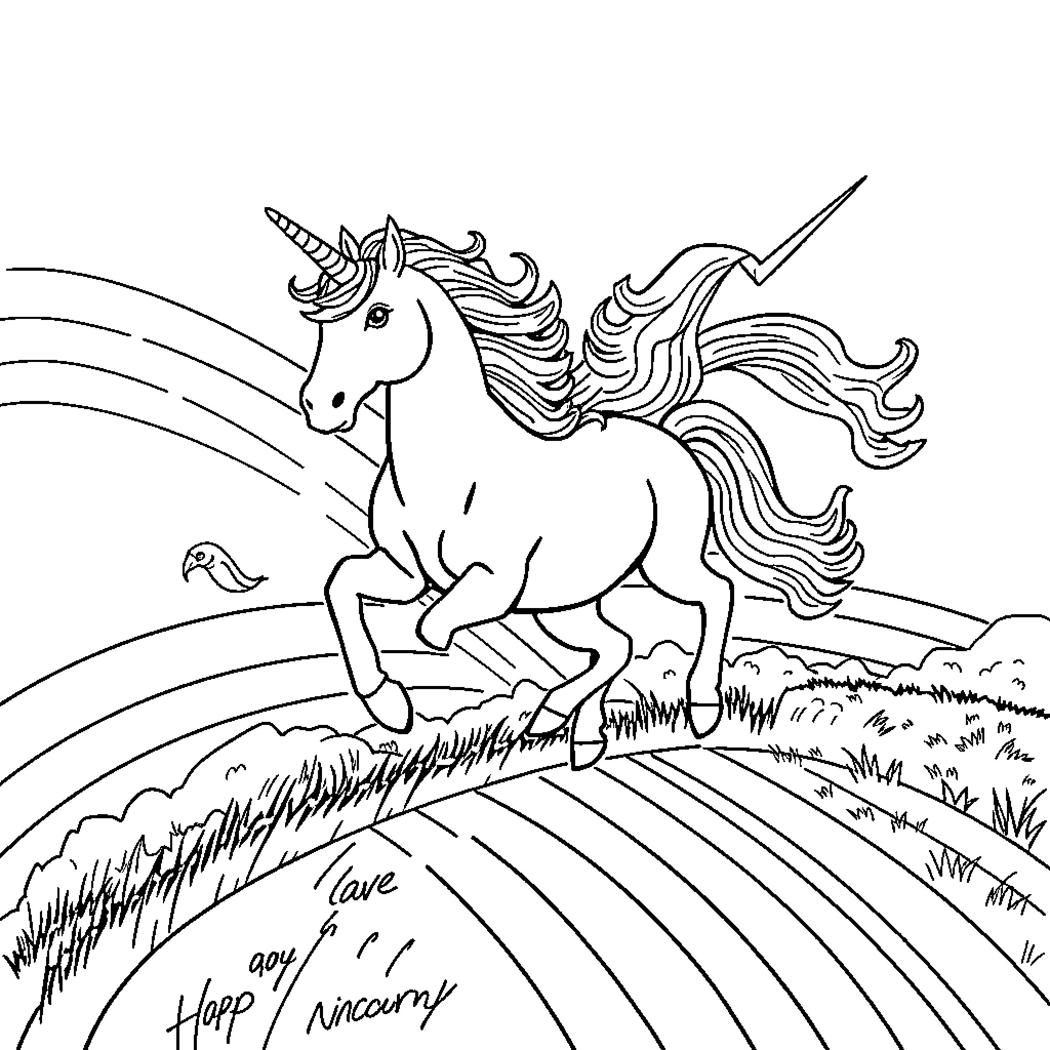 Unicorn galloping joyfully through a magical landscape Coloring Page (free black-and-white line drawing printable PDF for all, from beginners to advanced learners, including children, teens, adults, and seniors)