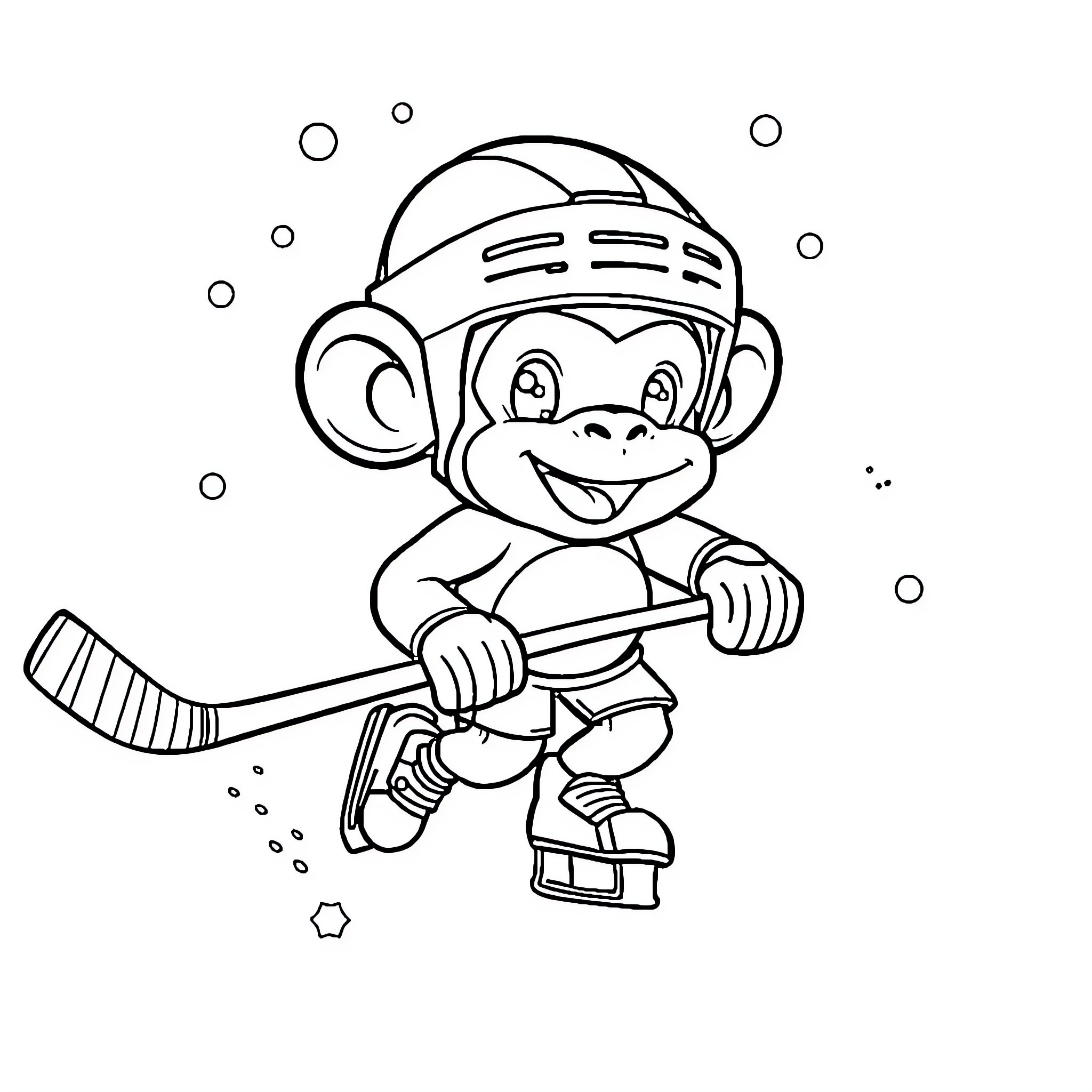 Monkey playing hockey in the snowy rink Coloring Page (free black-and-white line drawing printable PDF for all, from beginners to advanced learners, including children, teens, adults, and seniors)
