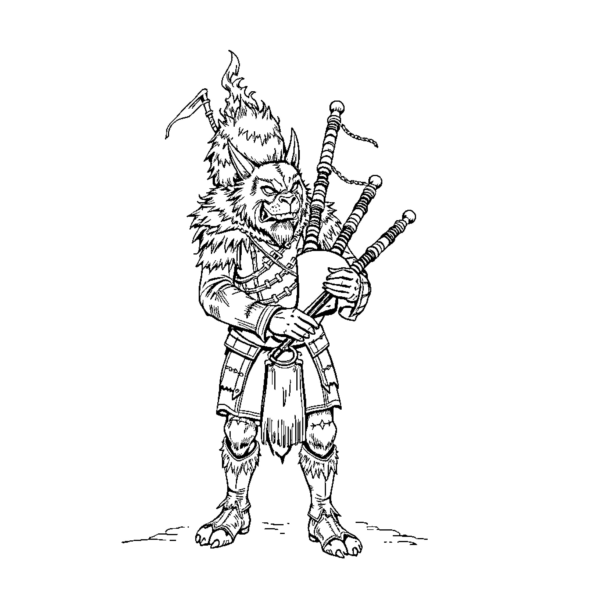 Bagpiper in fantastical highland attire playing pipes Coloring Page (free black-and-white line drawing printable PDF for all, from beginners to advanced learners, including children, teens, adults, and seniors)