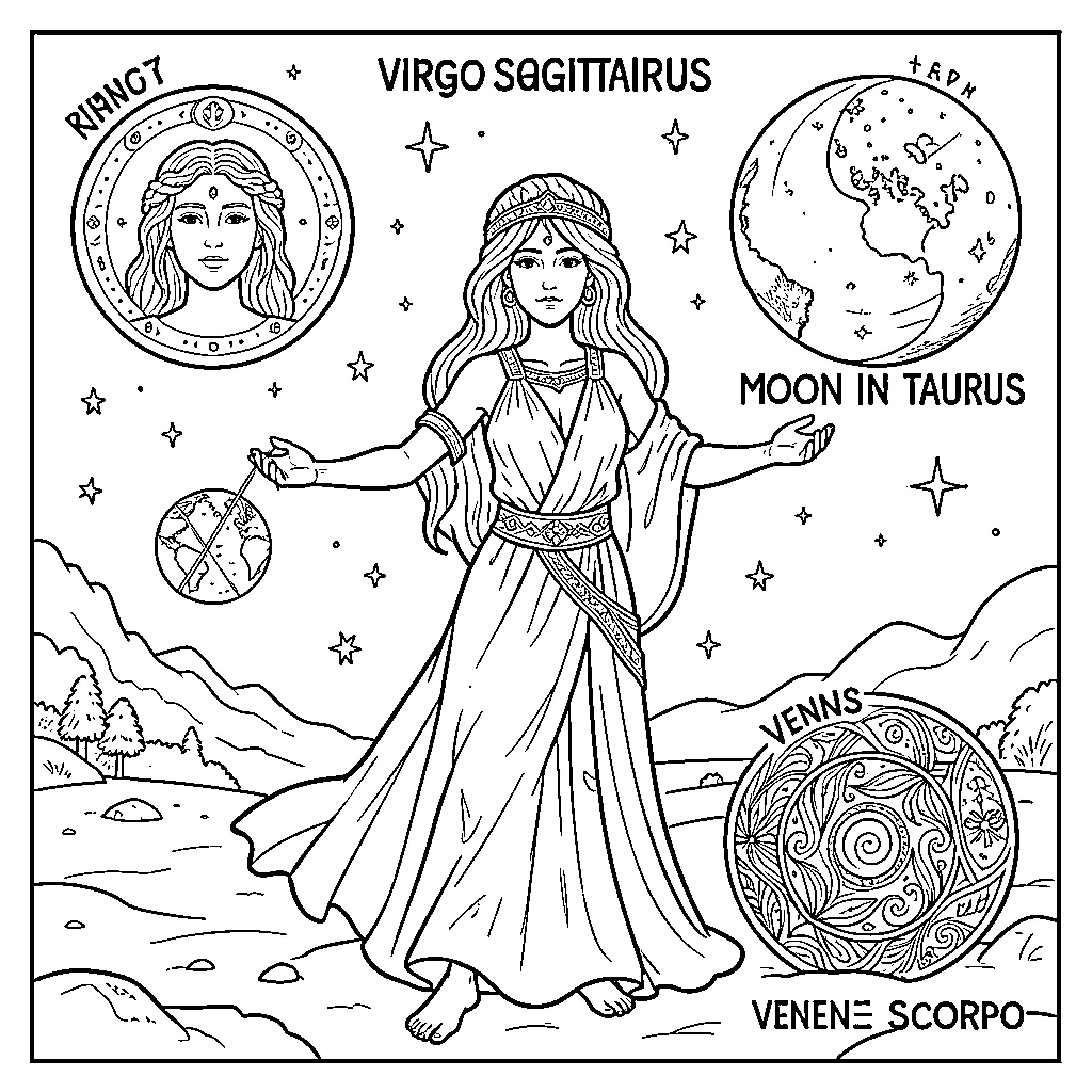 Astrology woman in flowing dress surrounded by celestial symbols Coloring Page (free black-and-white line drawing printable PDF for all, from beginners to advanced learners, including children, teens, adults, and seniors)