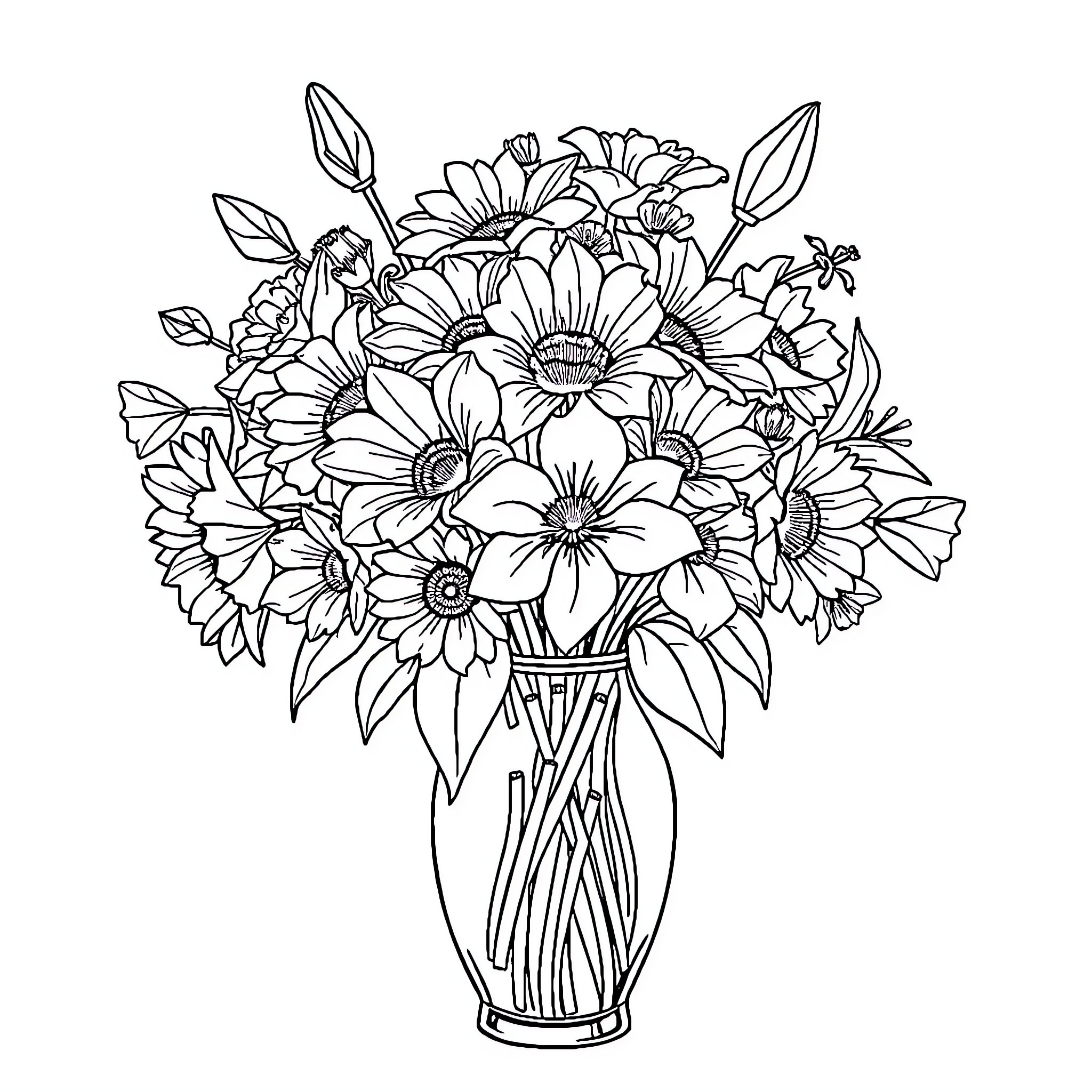 Fleur of vibrant flowers in a vase Coloring Page (free black-and-white line drawing printable PDF for all, from beginners to advanced learners, including children, teens, adults, and seniors)