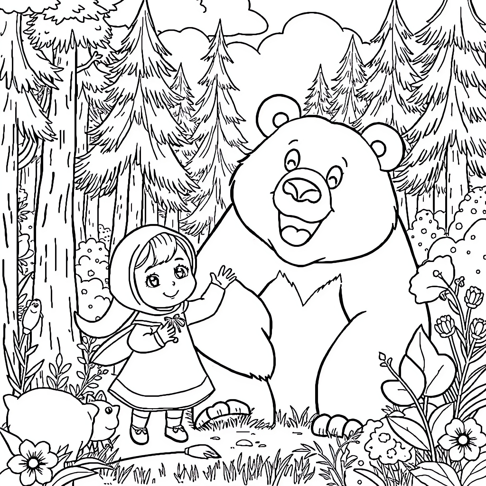 Masha and the Bear exploring the forest Coloring Page (free black-and-white line drawing printable PDF for all, from beginners to advanced learners, including children, teens, adults, and seniors)