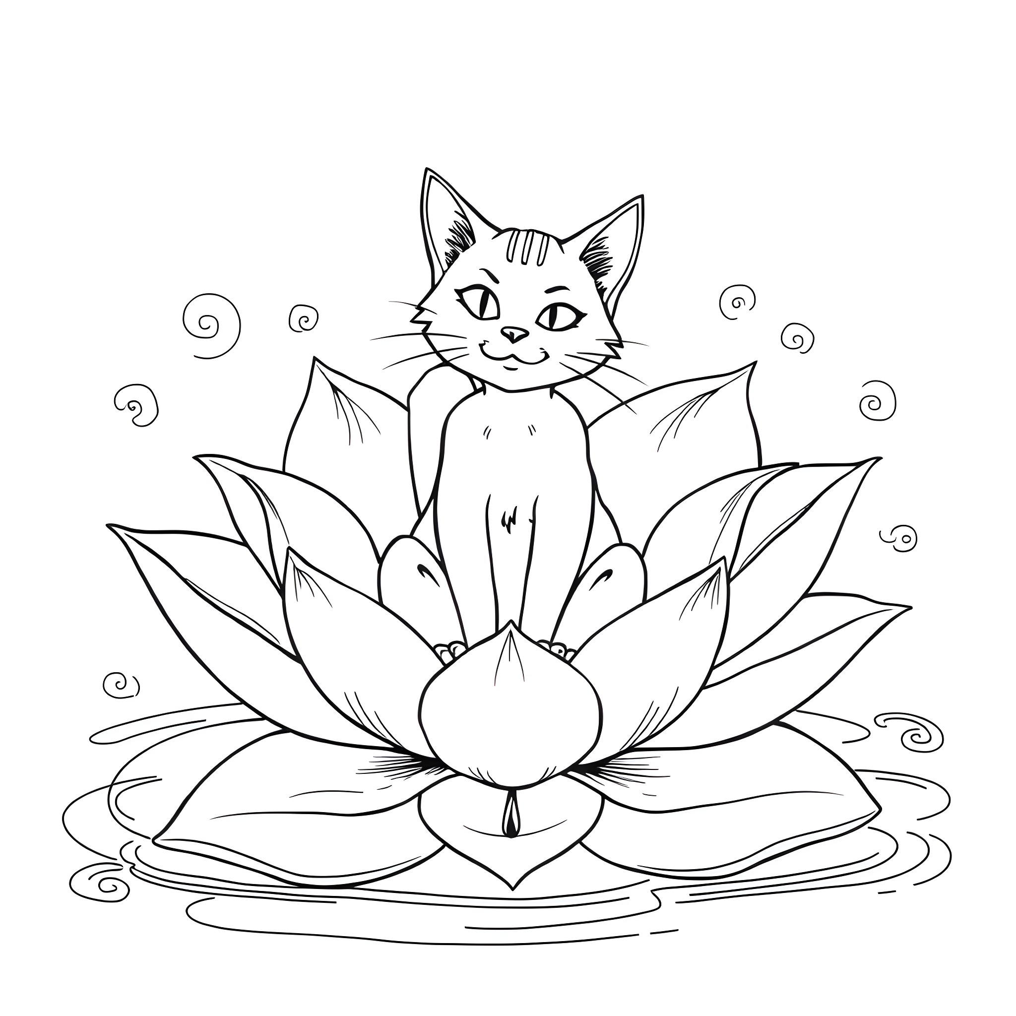 Cheshire Cat resting on a lotus flower Coloring Page (free black-and-white line drawing printable PDF for all, from beginners to advanced learners, including children, teens, adults, and seniors)