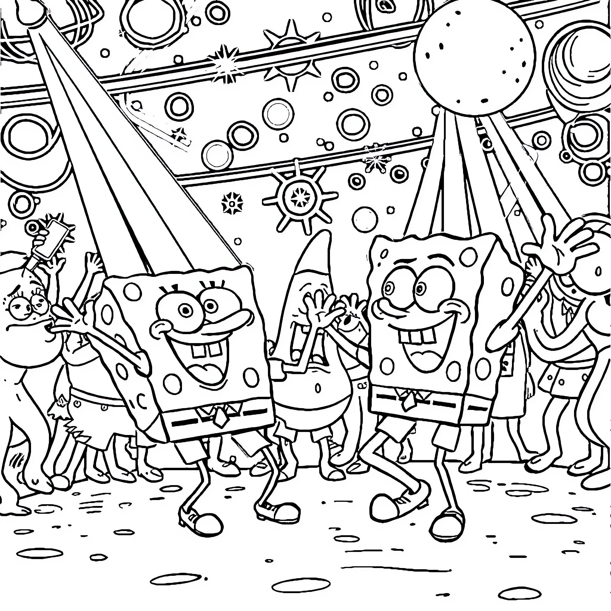 Spongebob characters celebrating in outer space Coloring Page (free black-and-white line drawing printable PDF for all, from beginners to advanced learners, including children, teens, adults, and seniors)