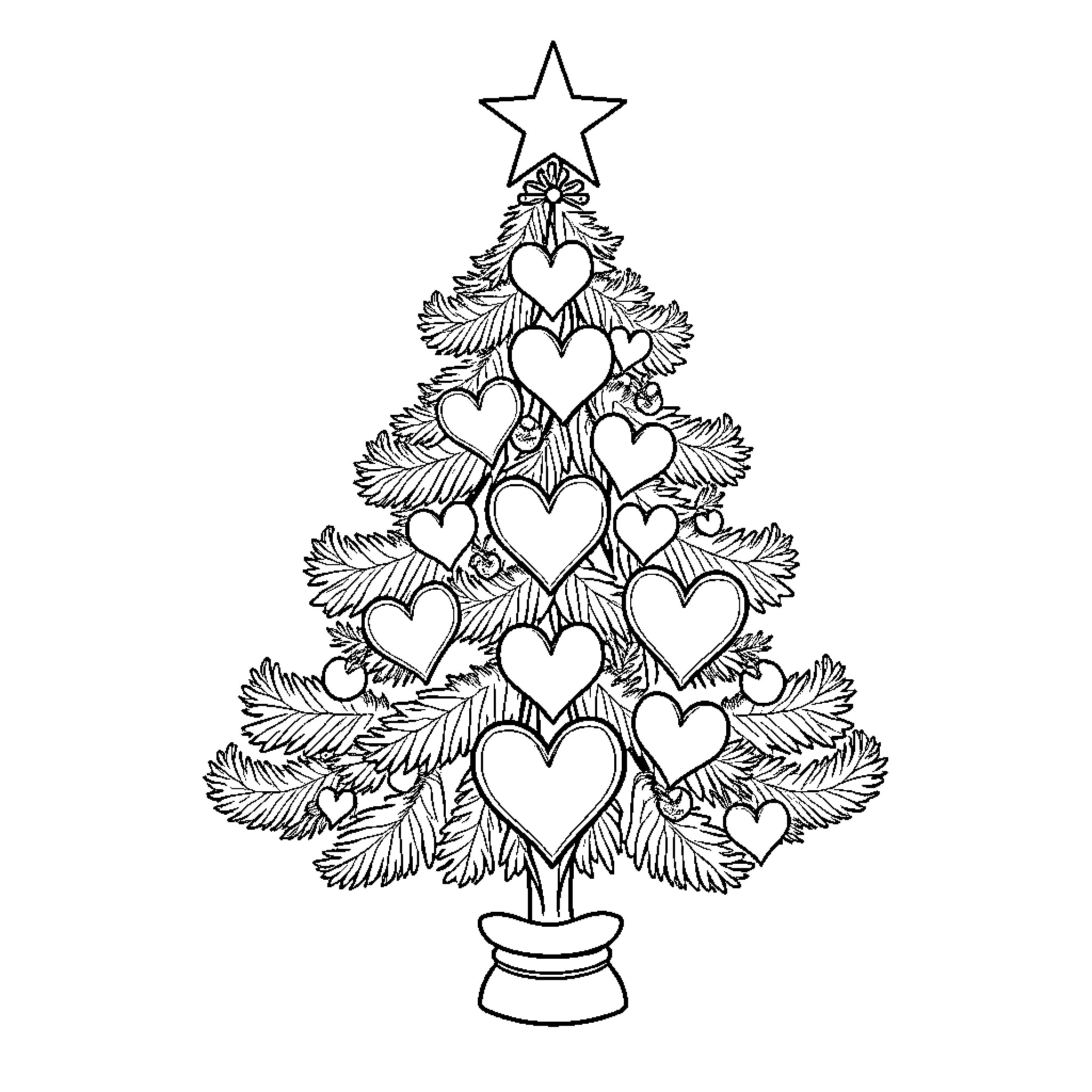 Tree with adorned hearts and star Coloring Page (free black-and-white line drawing printable PDF for all, from beginners to advanced learners, including children, teens, adults, and seniors)