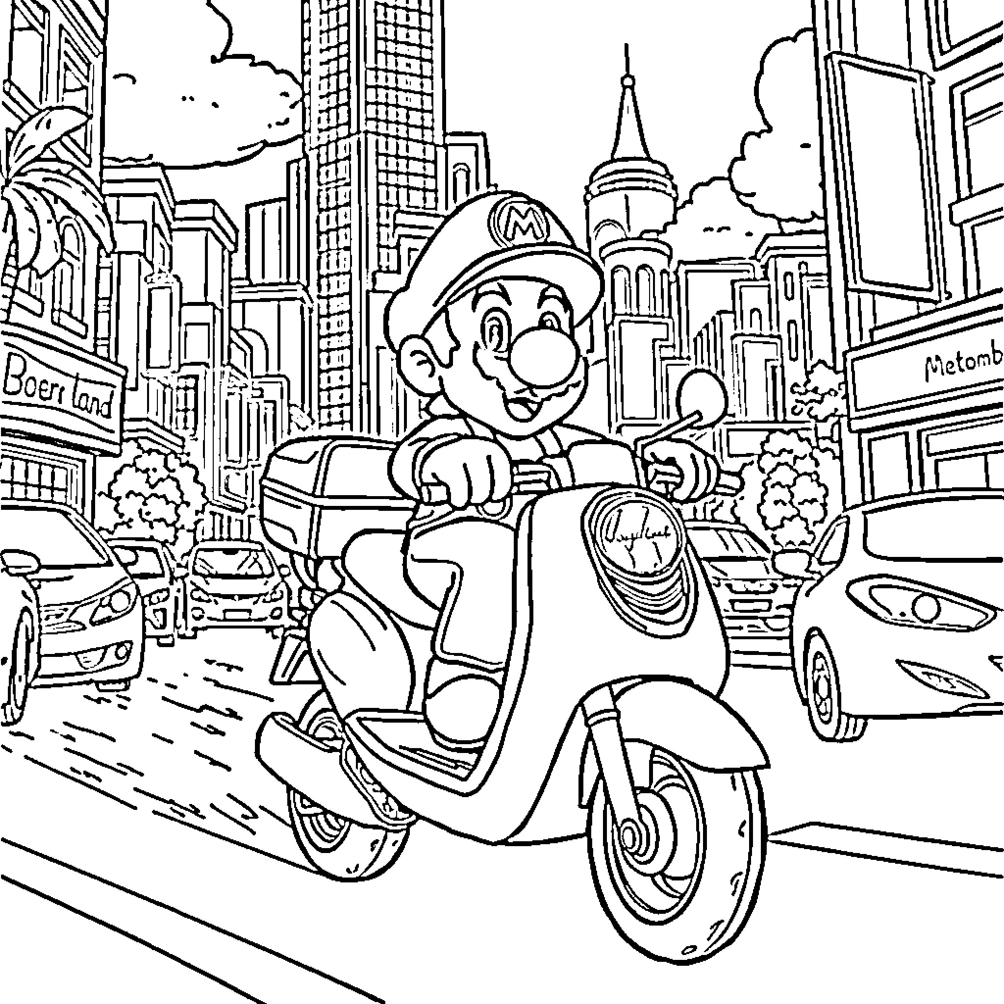 Mario riding scooter through busy city streets Coloring Page (free black-and-white line drawing printable PDF for all, from beginners to advanced learners, including children, teens, adults, and seniors)