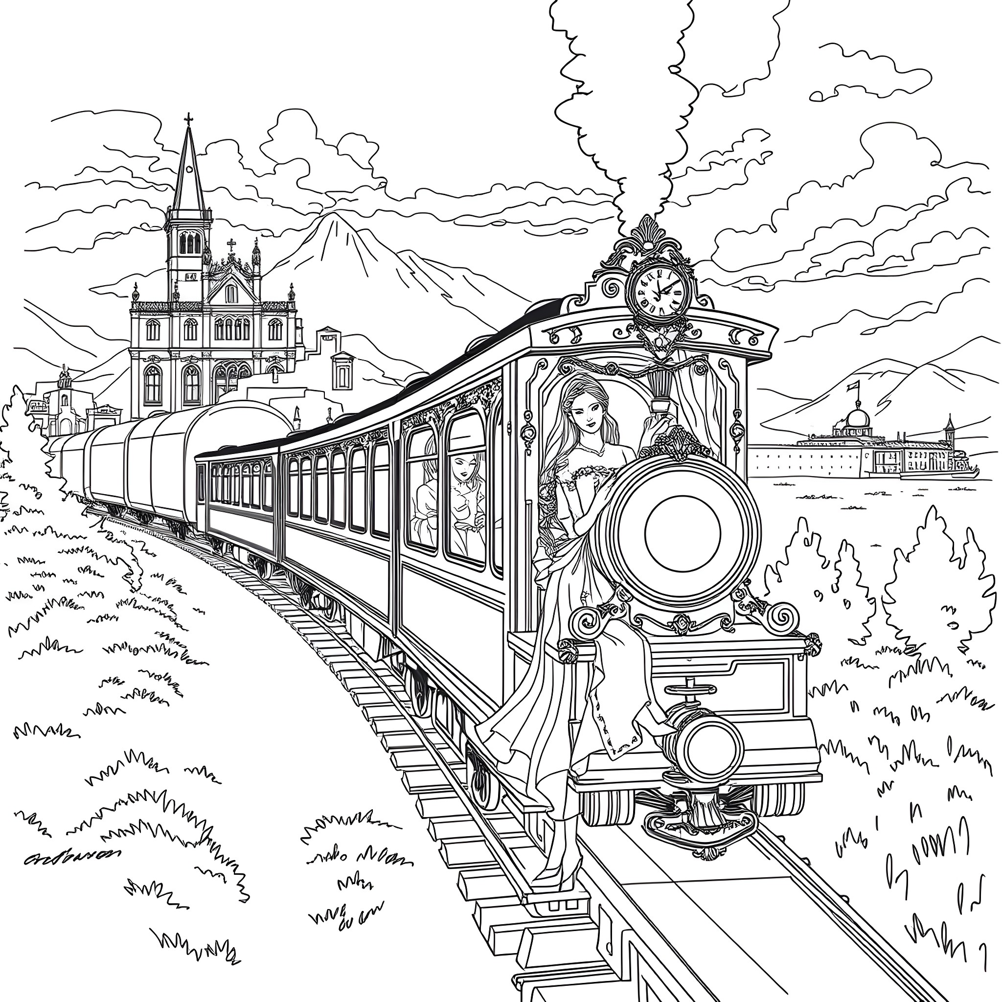 Train traveling through a scenic fantasy landscape Coloring Page (free black-and-white line drawing printable PDF for all, from beginners to advanced learners, including children, teens, adults, and seniors)