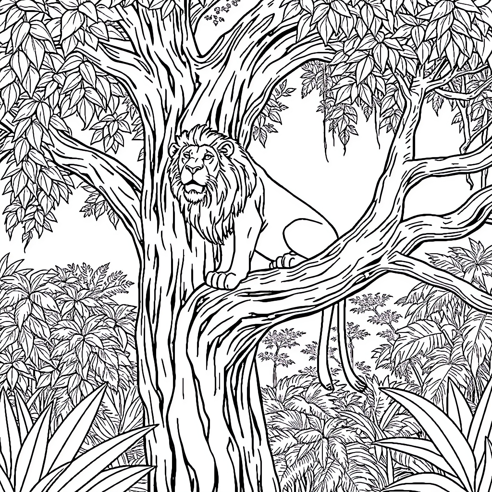 Lion resting in the lush jungle foliage Coloring Page (free black-and-white line drawing printable PDF for all, from beginners to advanced learners, including children, teens, adults, and seniors)