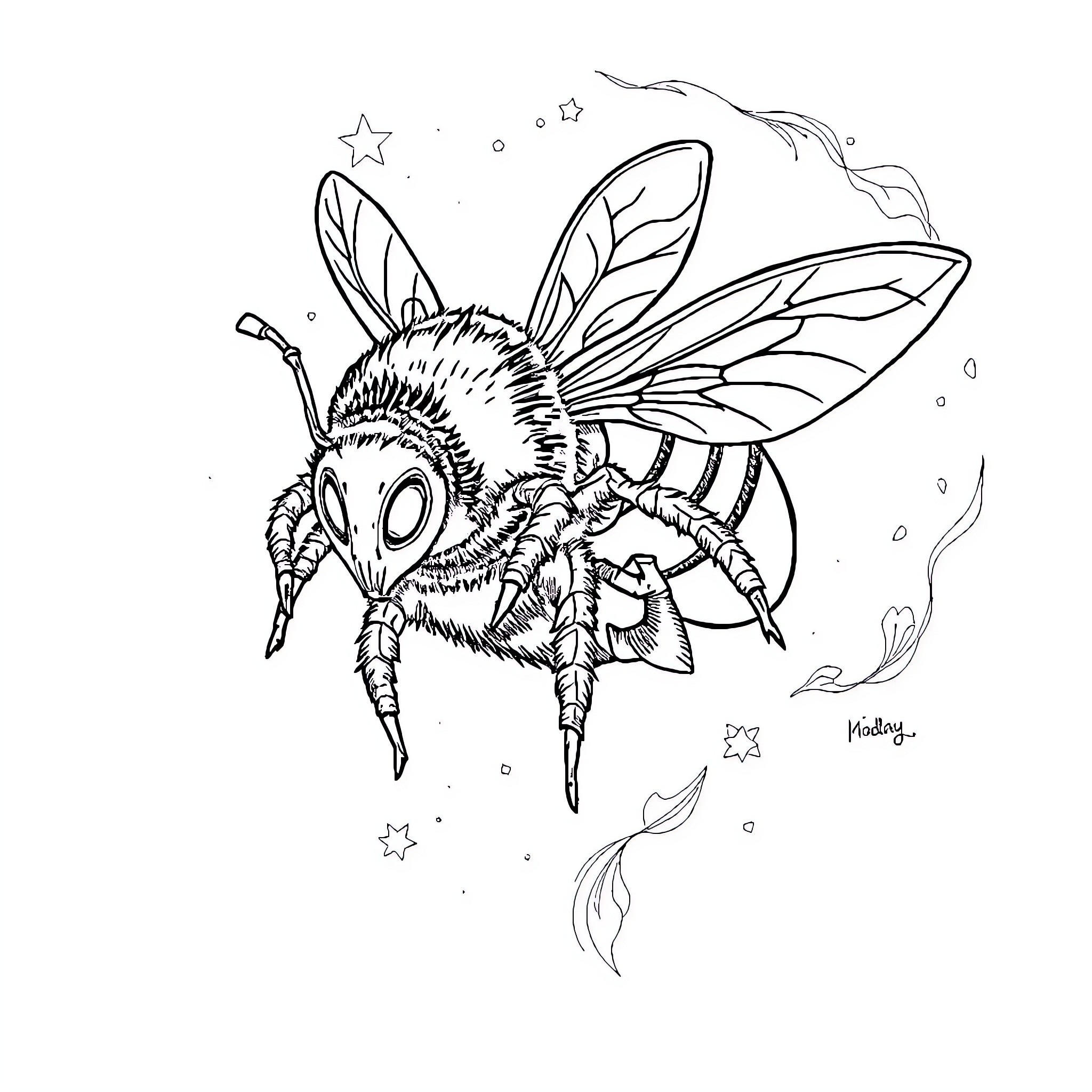 Bumblebee flying with whimsical details Coloring Page (free black-and-white line drawing printable PDF for all, from beginners to advanced learners, including children, teens, adults, and seniors)