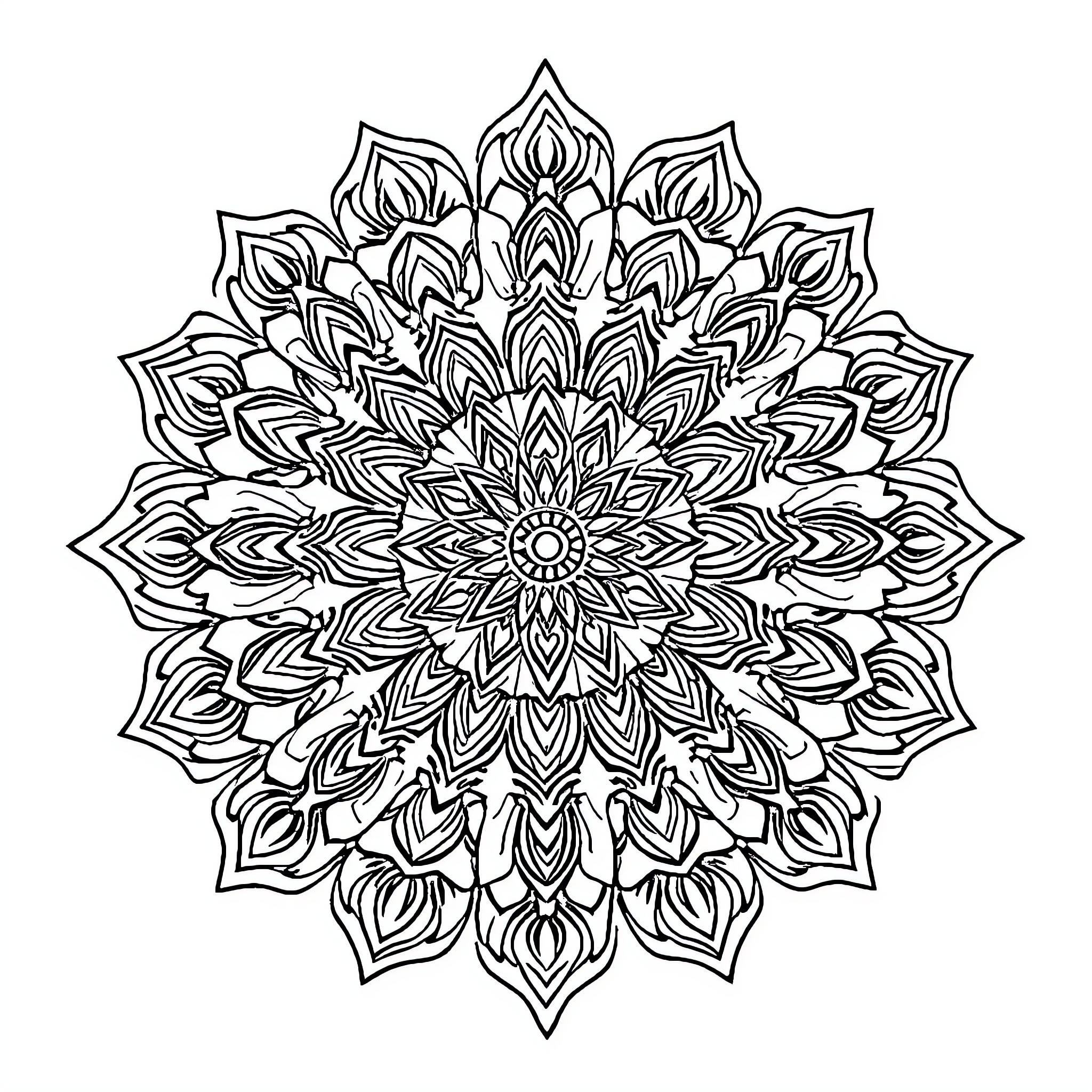 Mandala of intricate flower-like patterns Coloring Page (free black-and-white line drawing printable PDF for all, from beginners to advanced learners, including children, teens, adults, and seniors)