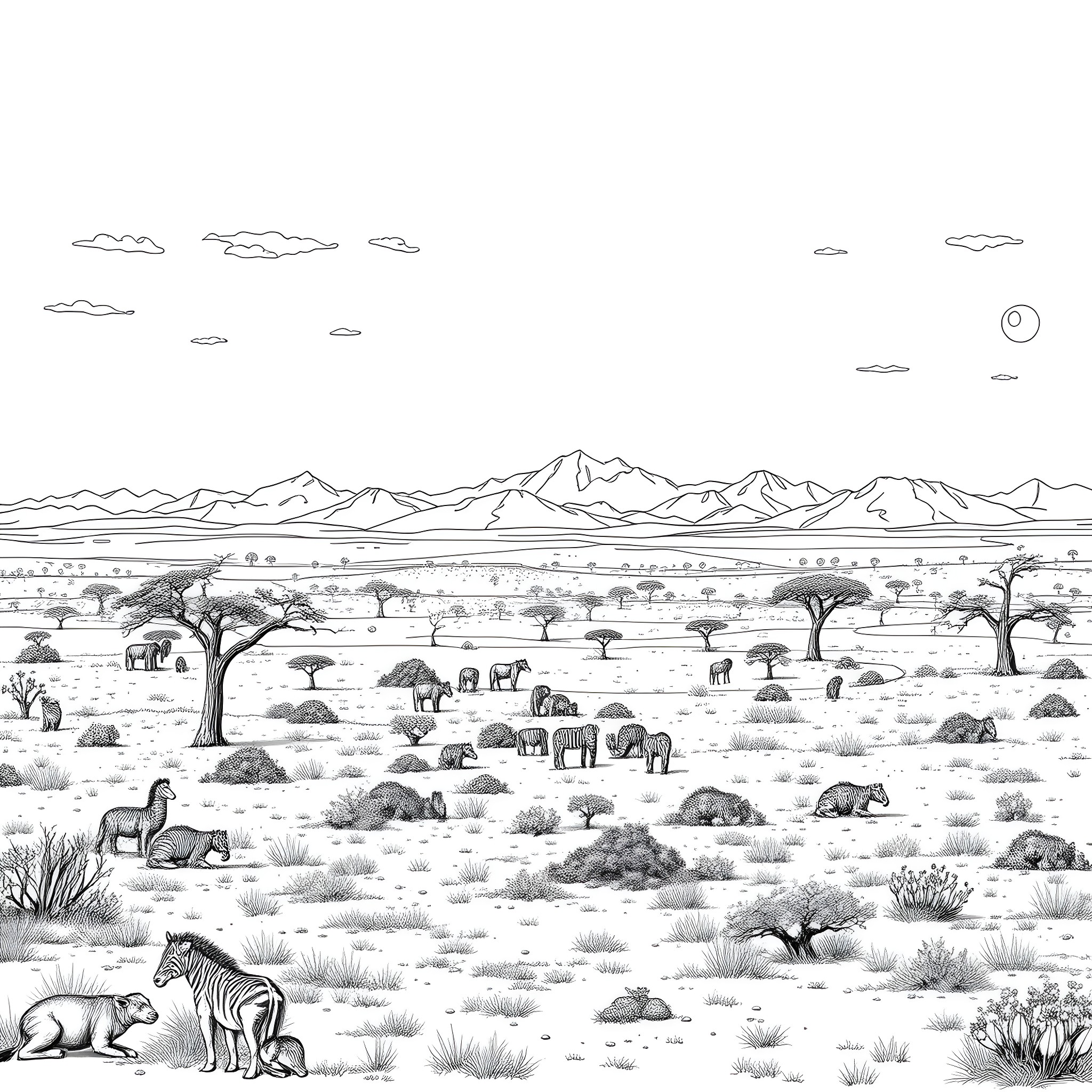 Africa: Wildlife in the Serengeti Landscape Coloring Page (free black-and-white line drawing printable PDF for all, from beginners to advanced learners, including children, teens, adults, and seniors)