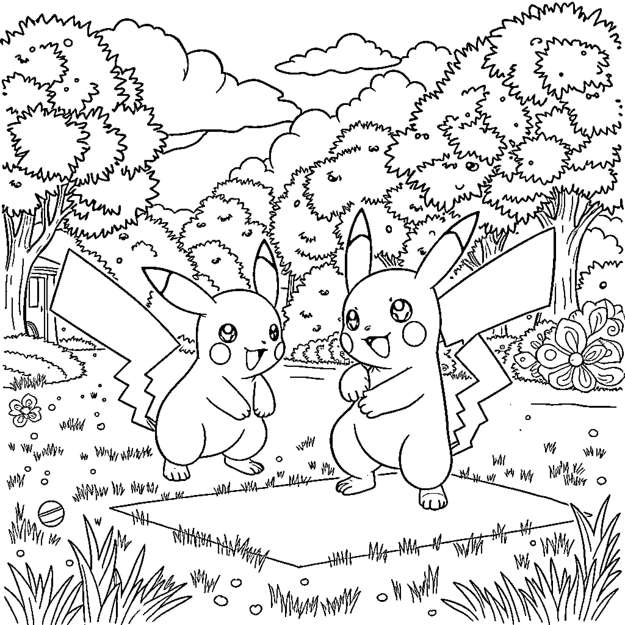 Pokémon characters playing in nature Coloring Page (free black-and-white line drawing printable PDF for all, from beginners to advanced learners, including children, teens, adults, and seniors)